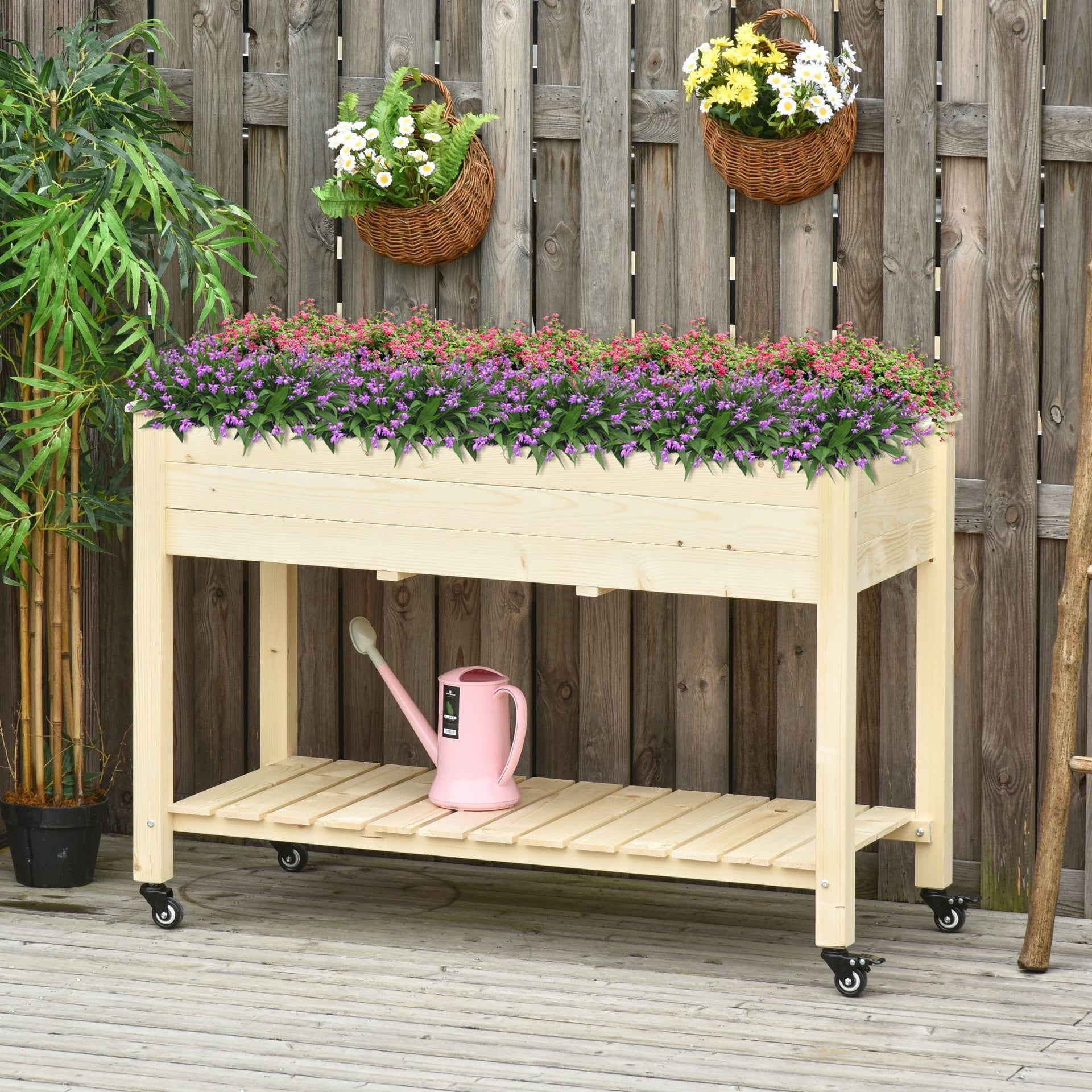 Outsunny Raised Garden Bed, 47" x 22" x 33", Elevated Wooden Planter Box w/ Lockable Wheels, Storage Shelf, and Bed Liner for Backyard, Patio, Natural