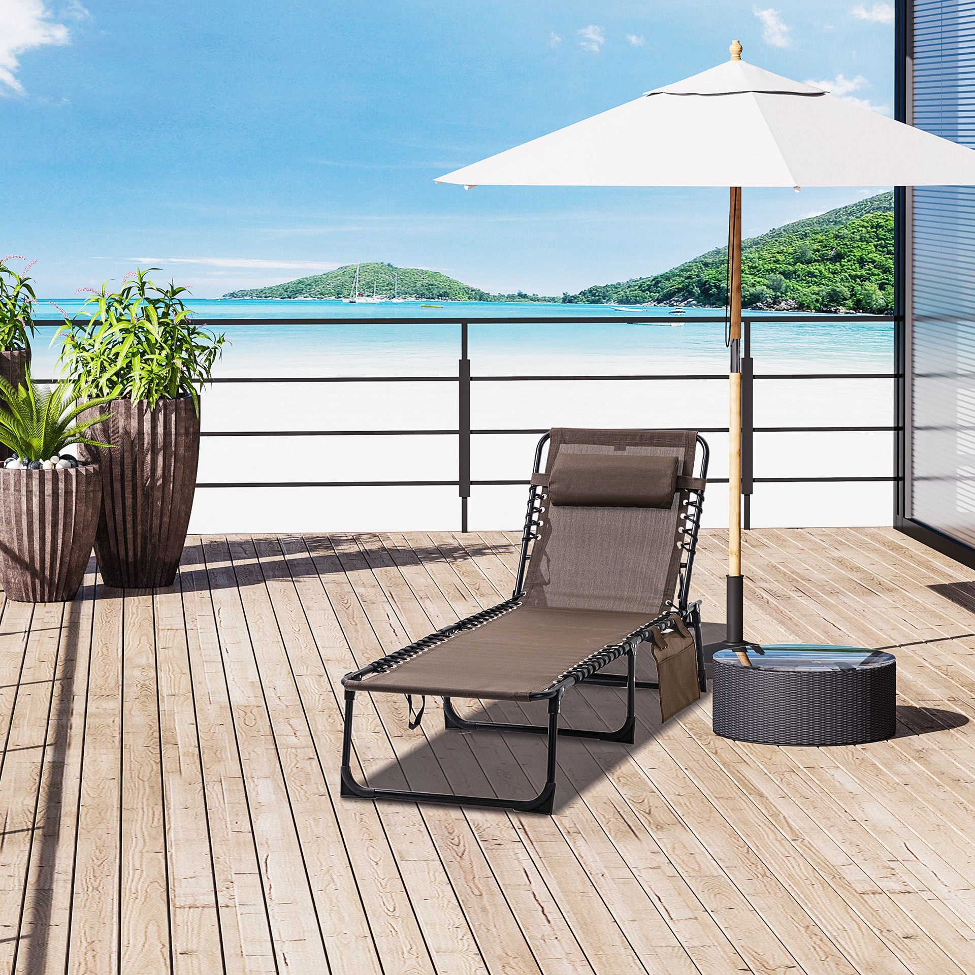 Outsunny Folding Chaise Lounge Chair Outdoor, Sun Tanning Chair with Side Pocket, Carrying Strap, Portable Patio Beach Lounger with 5-Position Reclining Back, Headrest for Pool, Camping, Yard, Brown