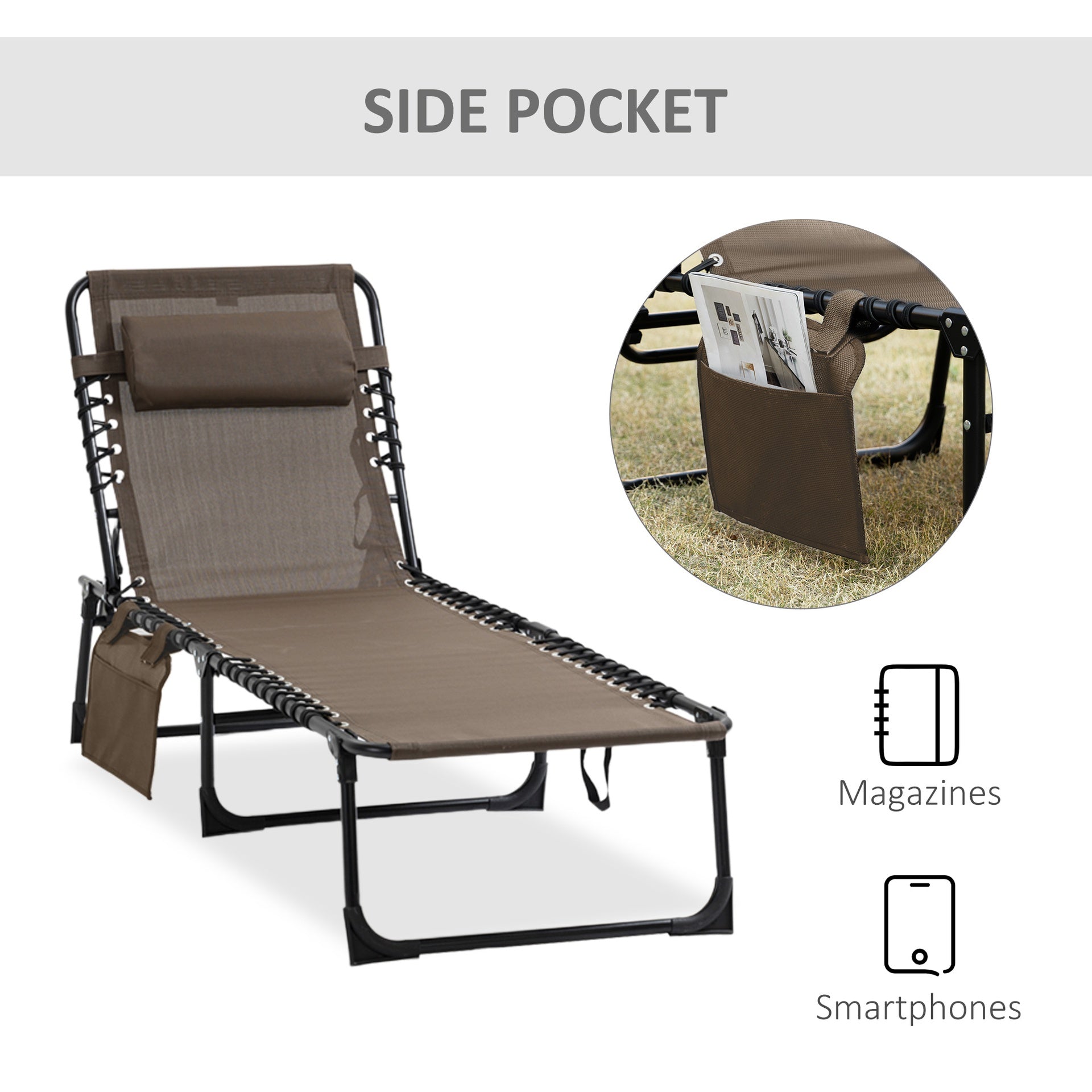 Outsunny Folding Chaise Lounge Chair Outdoor, Sun Tanning Chair with Side Pocket, Carrying Strap, Portable Patio Beach Lounger with 5-Position Reclining Back, Headrest for Pool, Camping, Yard, Brown
