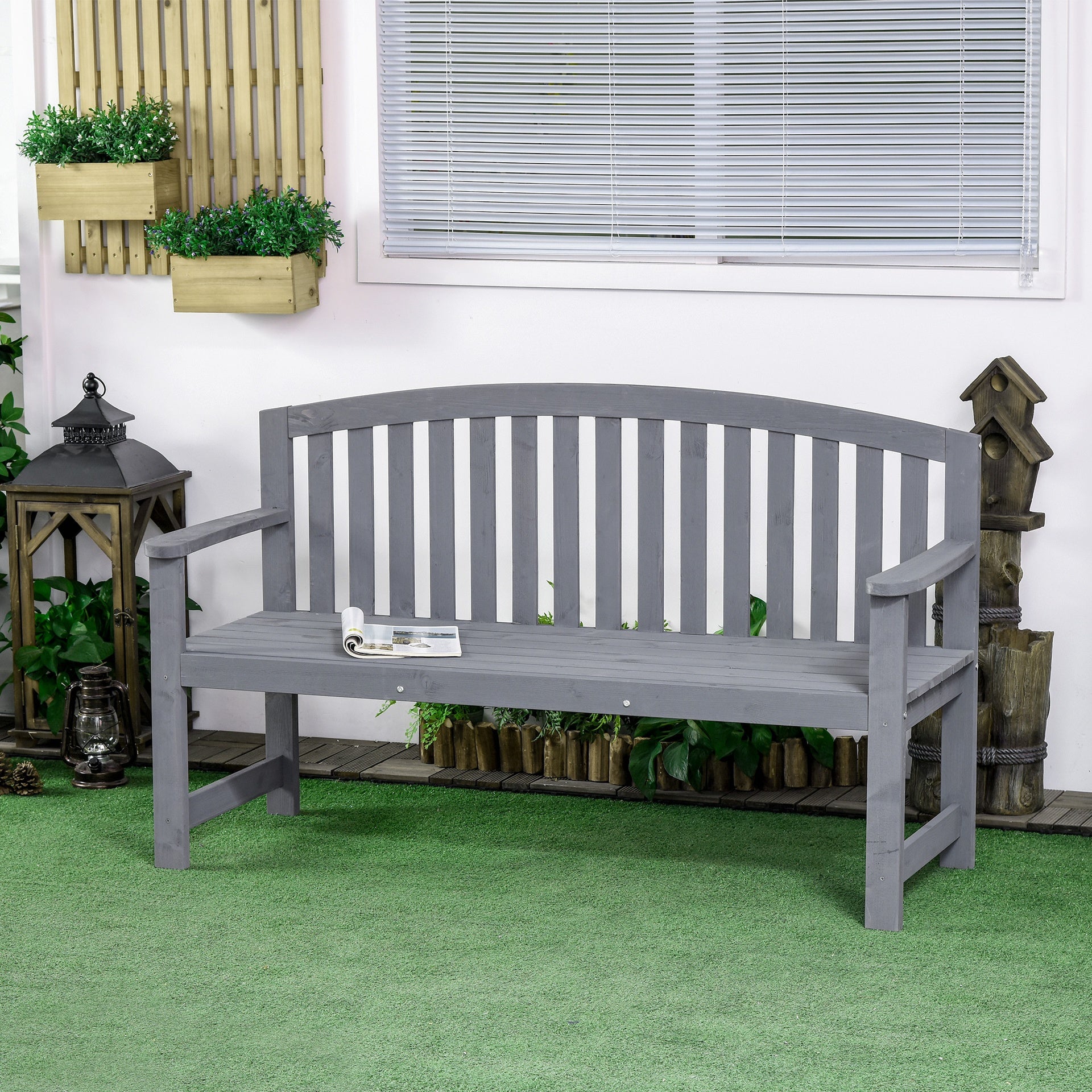 Outsunny 56" Outdoor Wood Bench, 2-Seater Garden Bench with Backrest and Armrest, Patio Bench for Patio, Porch, Poolside, Balcony, Gray