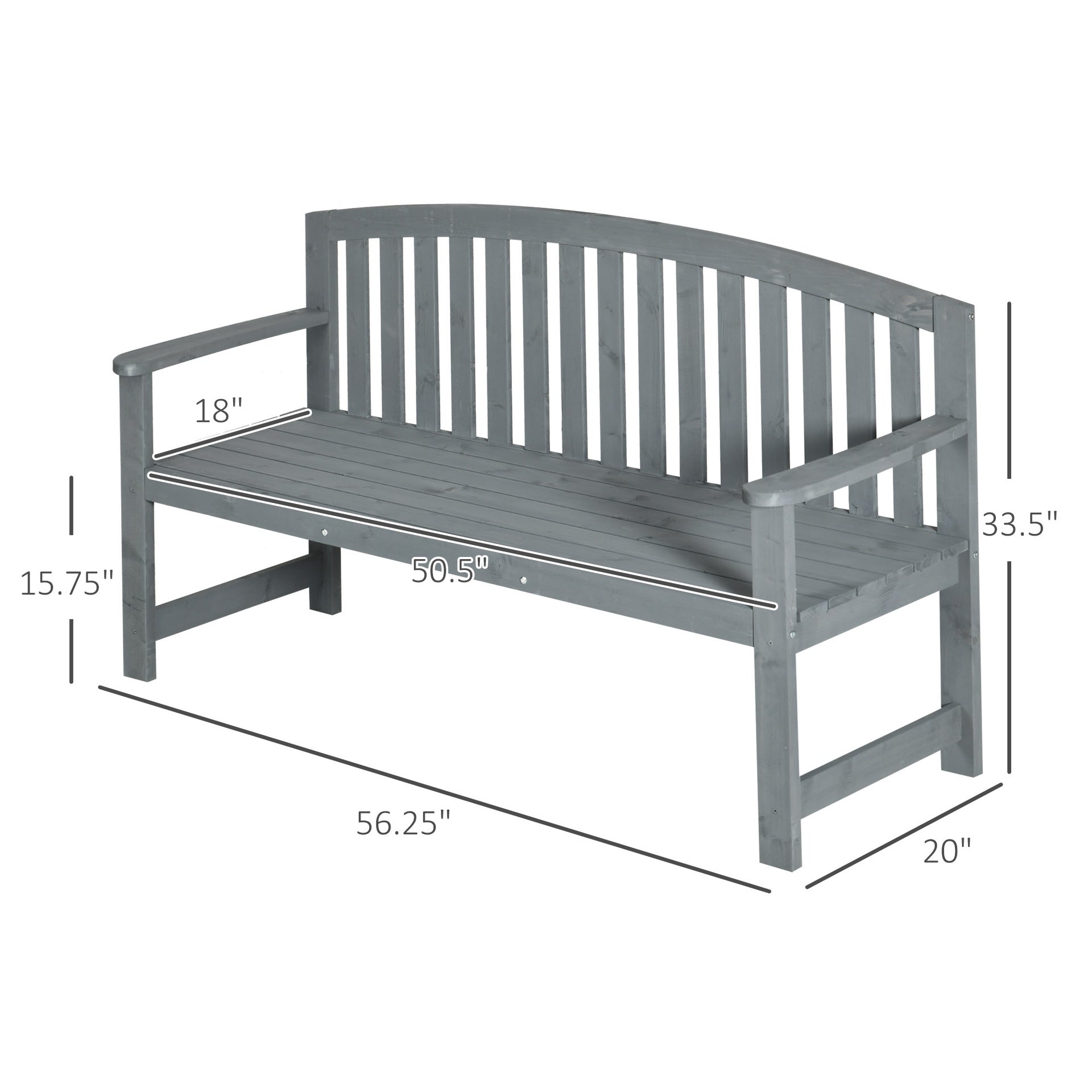Outsunny 56" Outdoor Wood Bench, 2-Seater Garden Bench with Backrest and Armrest, Patio Bench for Patio, Porch, Poolside, Balcony, Gray
