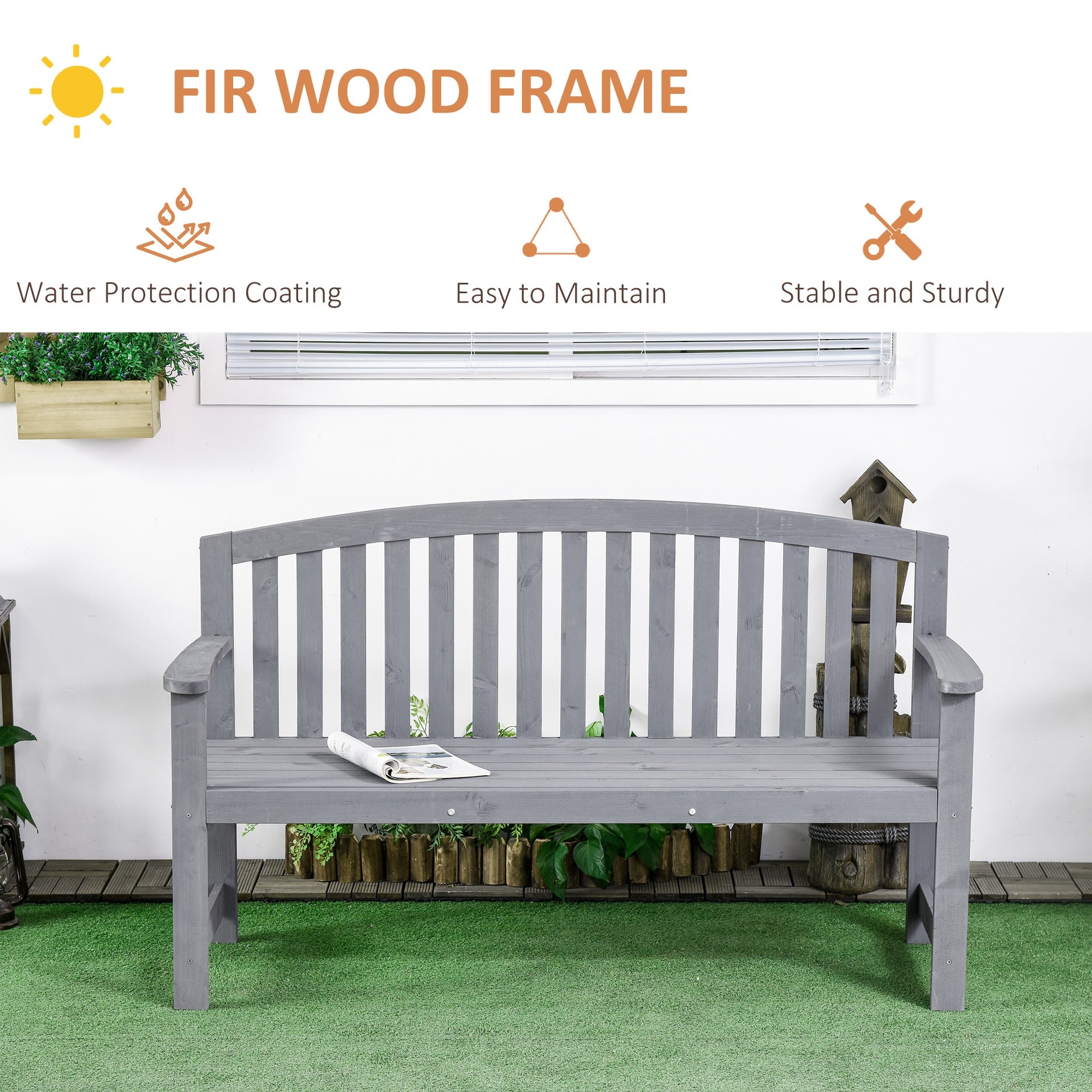 Outsunny 56" Outdoor Wood Bench, 2-Seater Garden Bench with Backrest and Armrest, Patio Bench for Patio, Porch, Poolside, Balcony, Gray