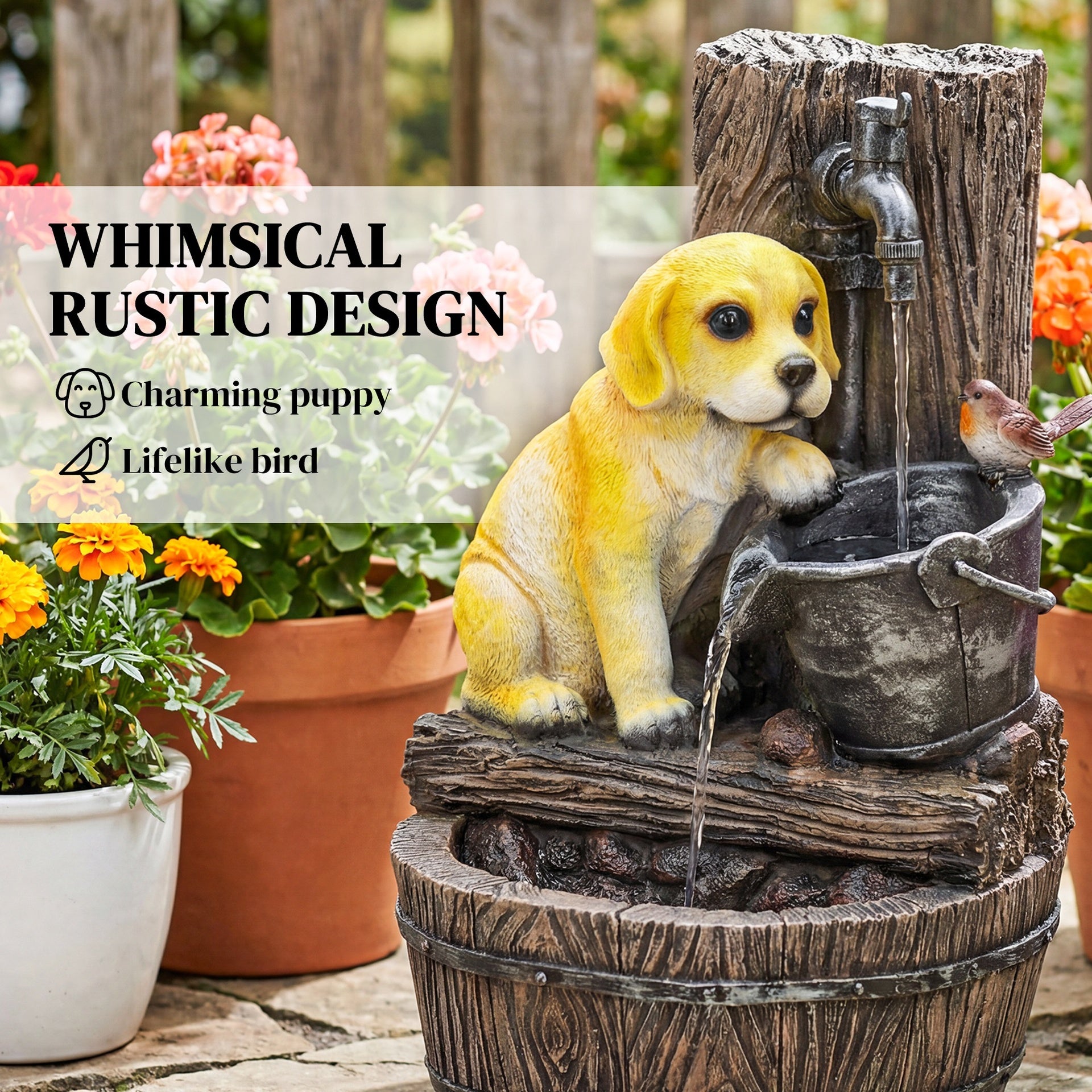 Outsunny 22" Outdoor Fountain with 3-Tier Puppy Theme, Resin Garden Fountain with LED Lights, Adjustable Flow, Rustic Brown