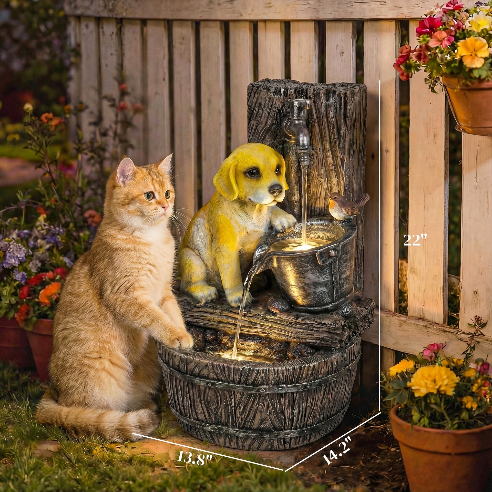 Outsunny 22" Outdoor Fountain with 3-Tier Puppy Theme, Resin Garden Fountain with LED Lights, Adjustable Flow, Rustic Brown