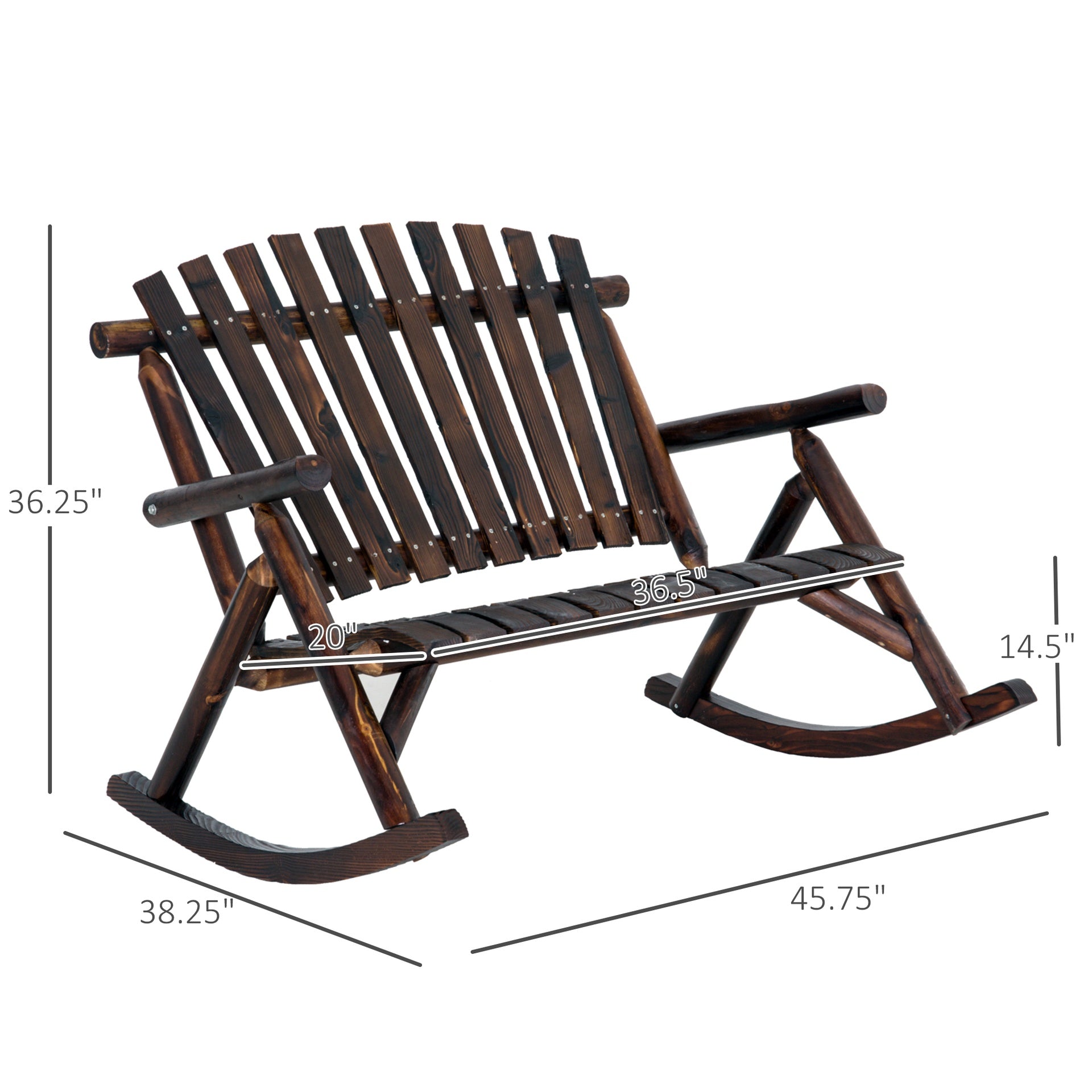 Outsunny Wooden Porch Rocking Chair, Wood Double Adirondack, Rocker for Indoor or Outdoor with High Rise Slatted Back, Carbonized