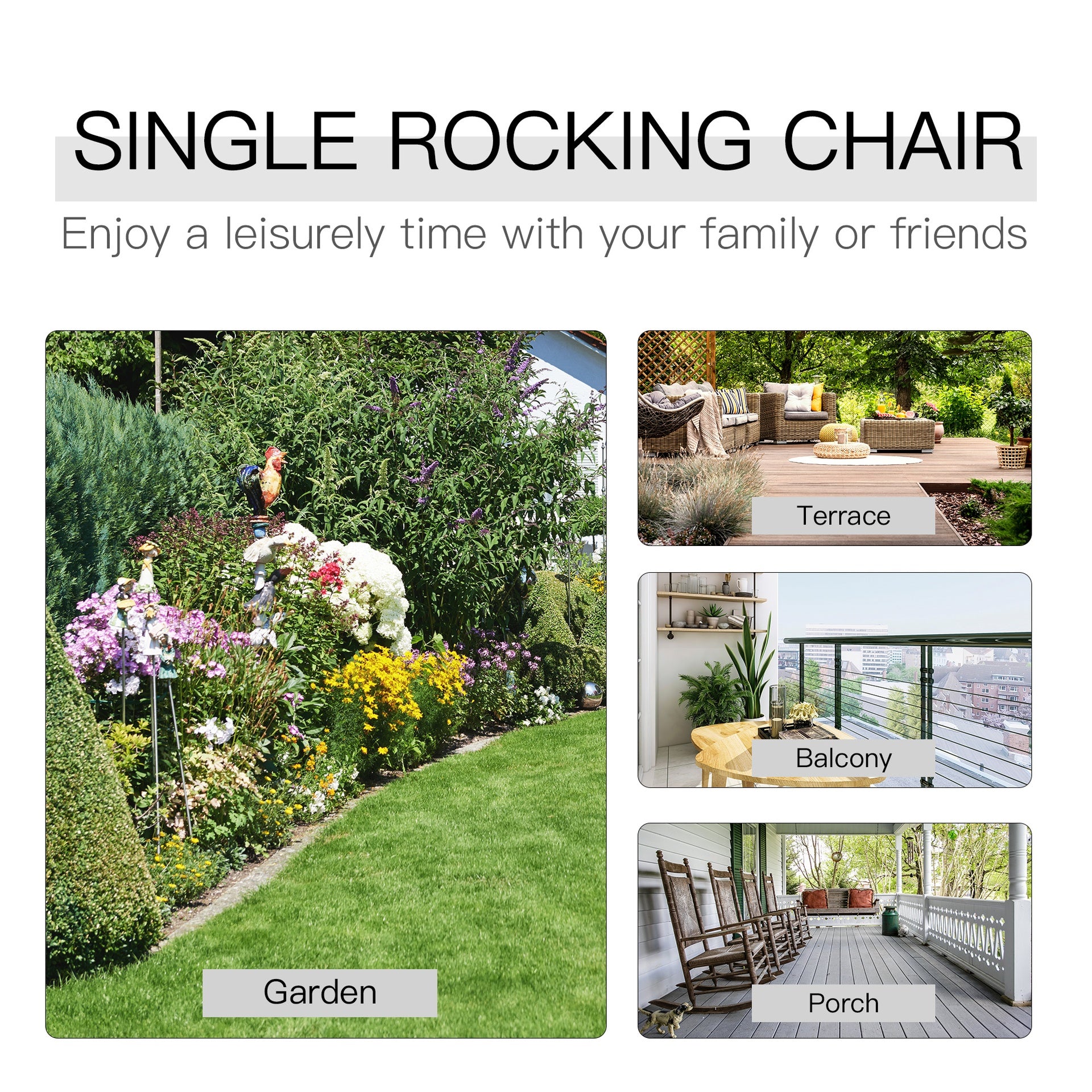 Outsunny Wooden Porch Rocking Chair, Wood Double Adirondack, Rocker for Indoor or Outdoor with High Rise Slatted Back, Carbonized