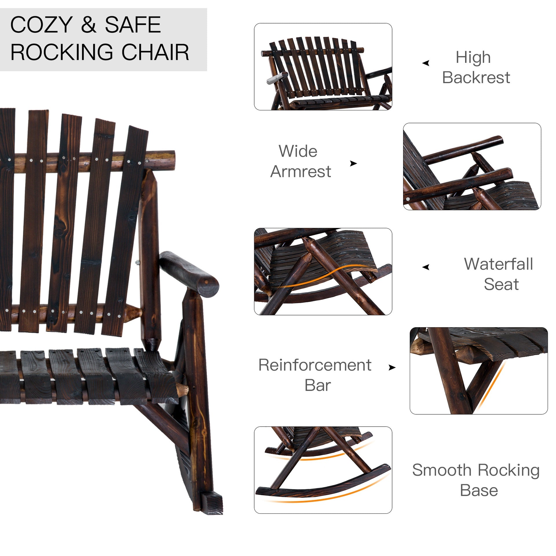 Outsunny Wooden Porch Rocking Chair, Wood Double Adirondack, Rocker for Indoor or Outdoor with High Rise Slatted Back, Carbonized