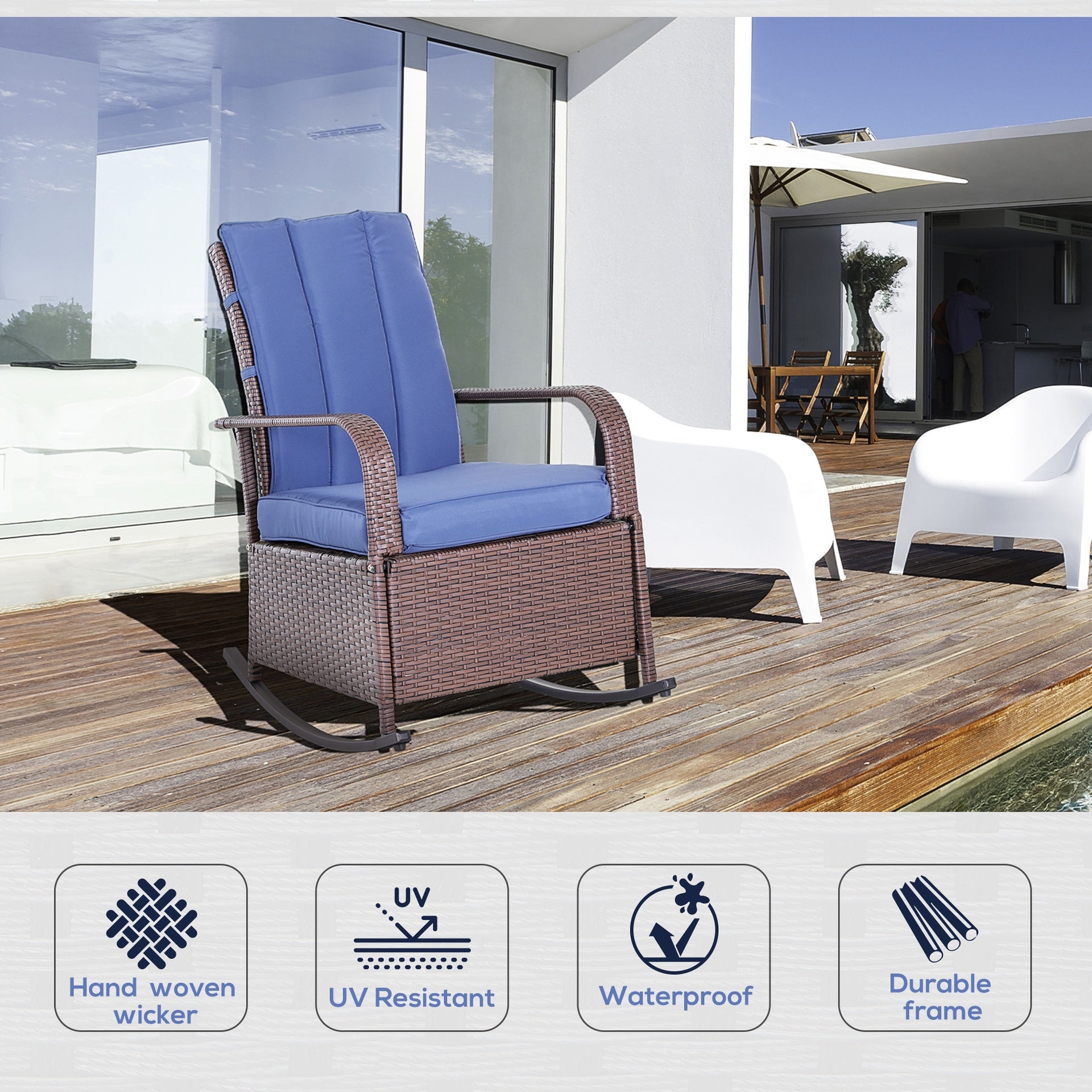 Outsunny Outdoor Rattan Wicker Rocking Chair Patio Recliner with Soft Cushion, Adjustable Footrest, Max. 135 Degree Backrest, Blue