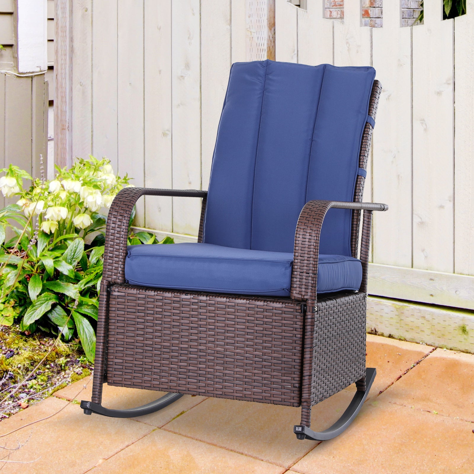 Outsunny Outdoor Rattan Wicker Rocking Chair Patio Recliner with Soft Cushion, Adjustable Footrest, Max. 135 Degree Backrest, Blue