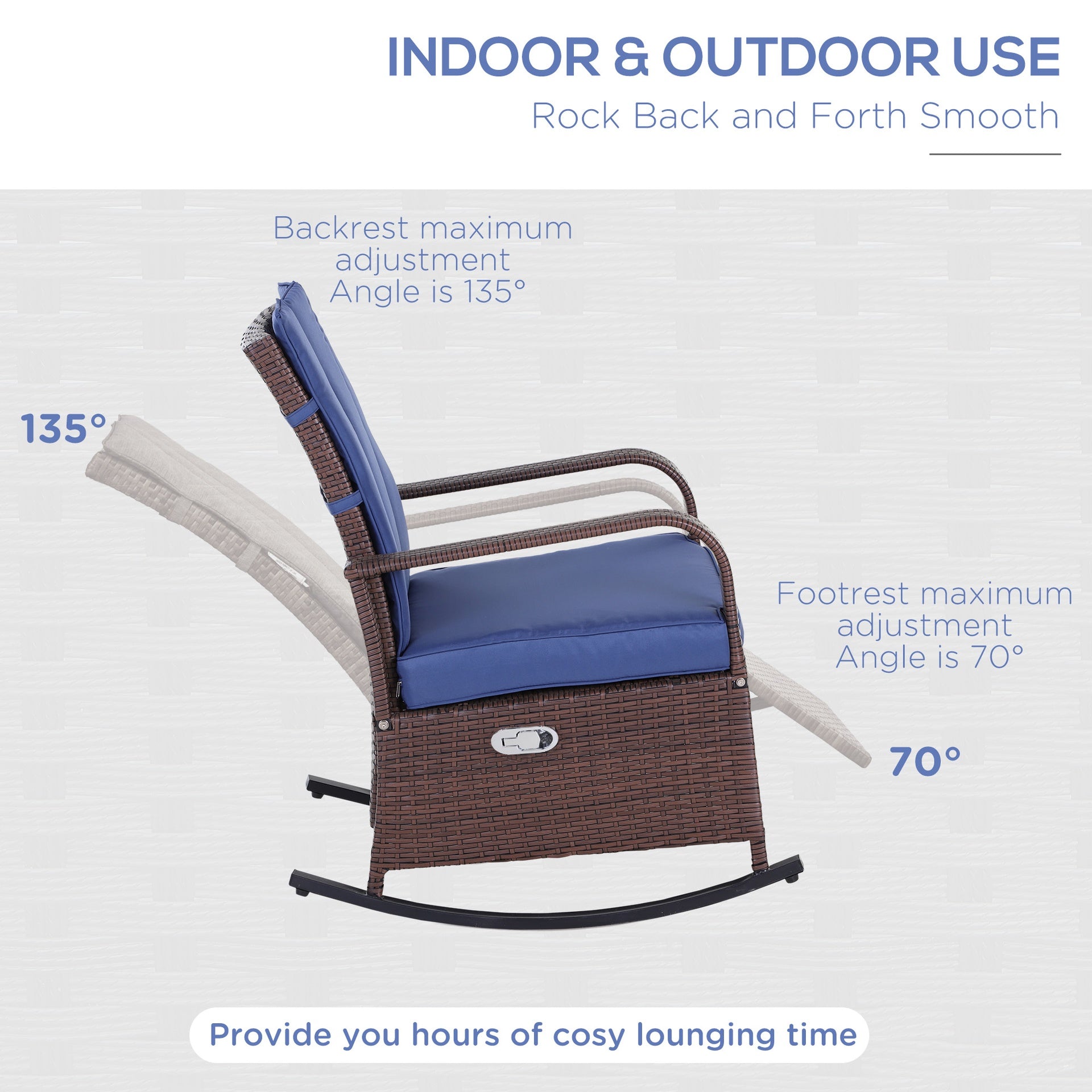 Outsunny Outdoor Rattan Wicker Rocking Chair Patio Recliner with Soft Cushion, Adjustable Footrest, Max. 135 Degree Backrest, Blue
