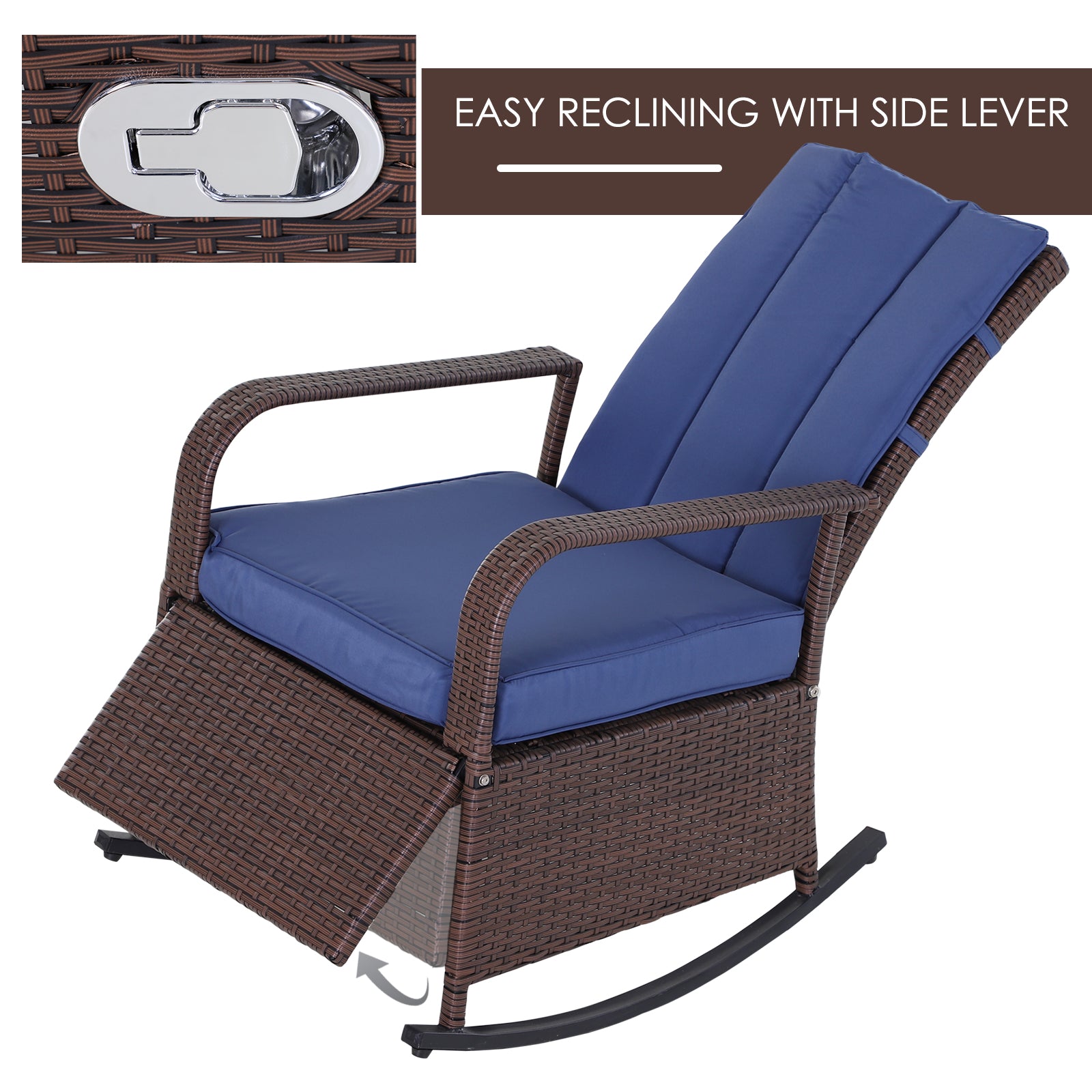 Outsunny Outdoor Rattan Wicker Rocking Chair Patio Recliner with Soft Cushion, Adjustable Footrest, Max. 135 Degree Backrest, Blue