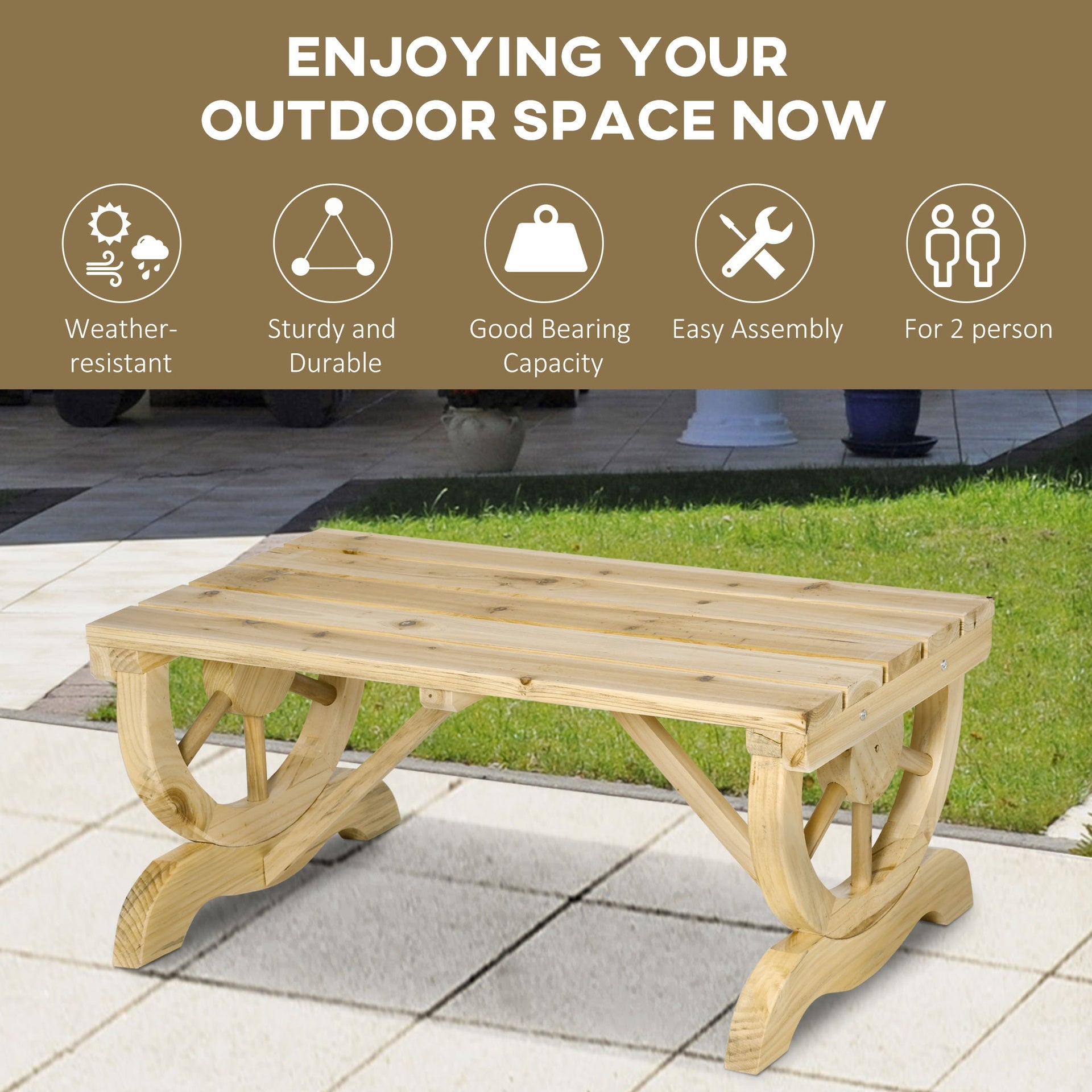 Outsunny 2-Person Garden Bench Outdoor Wagon Wheel Porch Bench for Backyard, Patio, Garden Natural