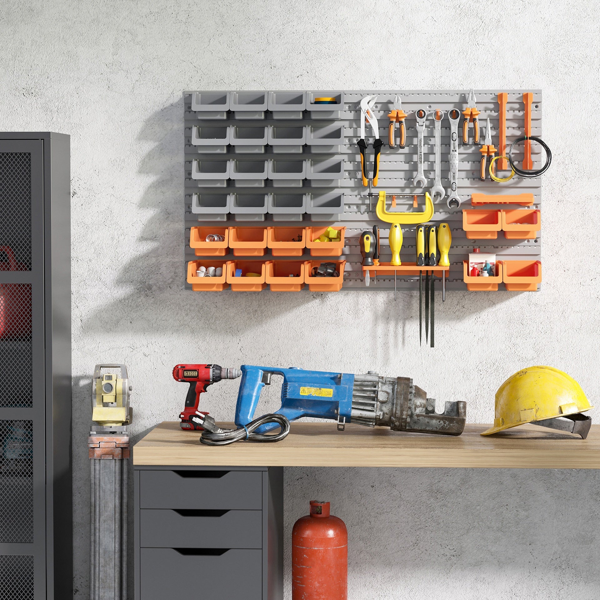 DURHAND 44 PCS Wall Mounted Pegboard Tool Organizer Rack Kit with Various Sized Storage Bins, Pegboard and Hooks, Orange