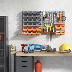 DURHAND 44 PCS Wall Mounted Pegboard Tool Organizer Rack Kit with Various Sized Storage Bins, Pegboard and Hooks, Orange