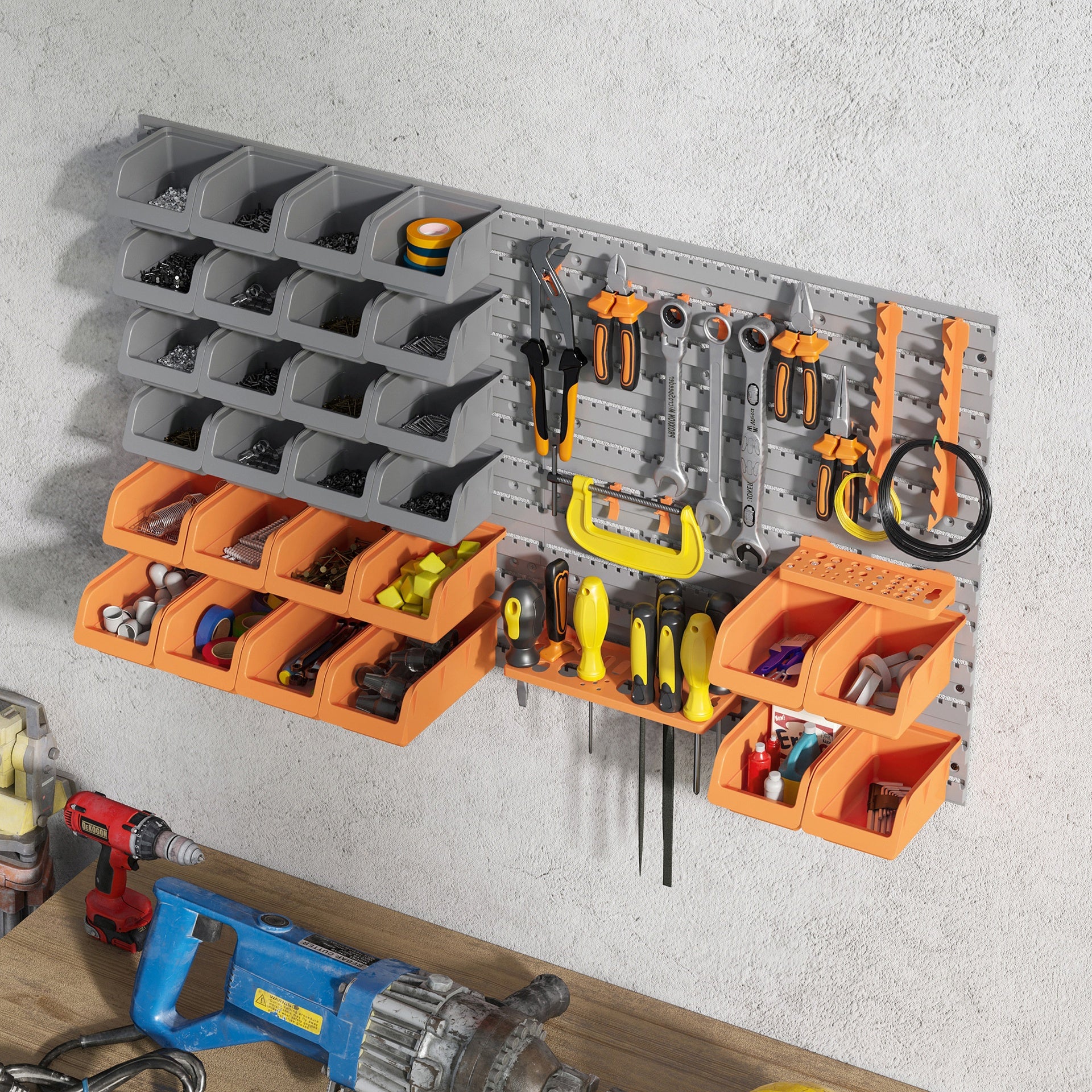 DURHAND 44 PCS Wall Mounted Pegboard Tool Organizer Rack Kit with Various Sized Storage Bins, Pegboard and Hooks, Orange