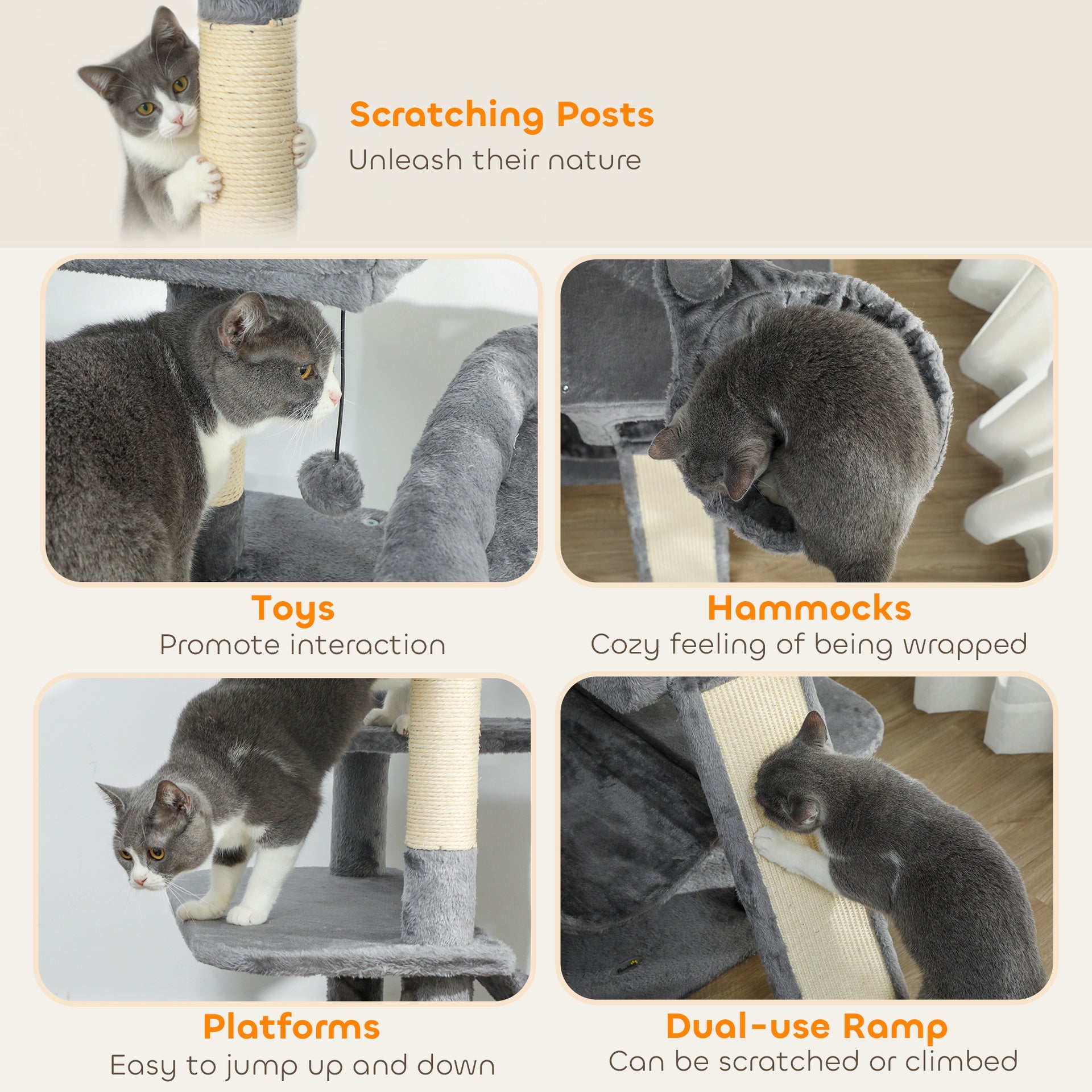 PawHut 69" Cat Tree, Multi-Level Cat Tower with 2 Condos and 3 Hammocks, 8 Scratching Posts, for Multiple Cats, Dark Gray