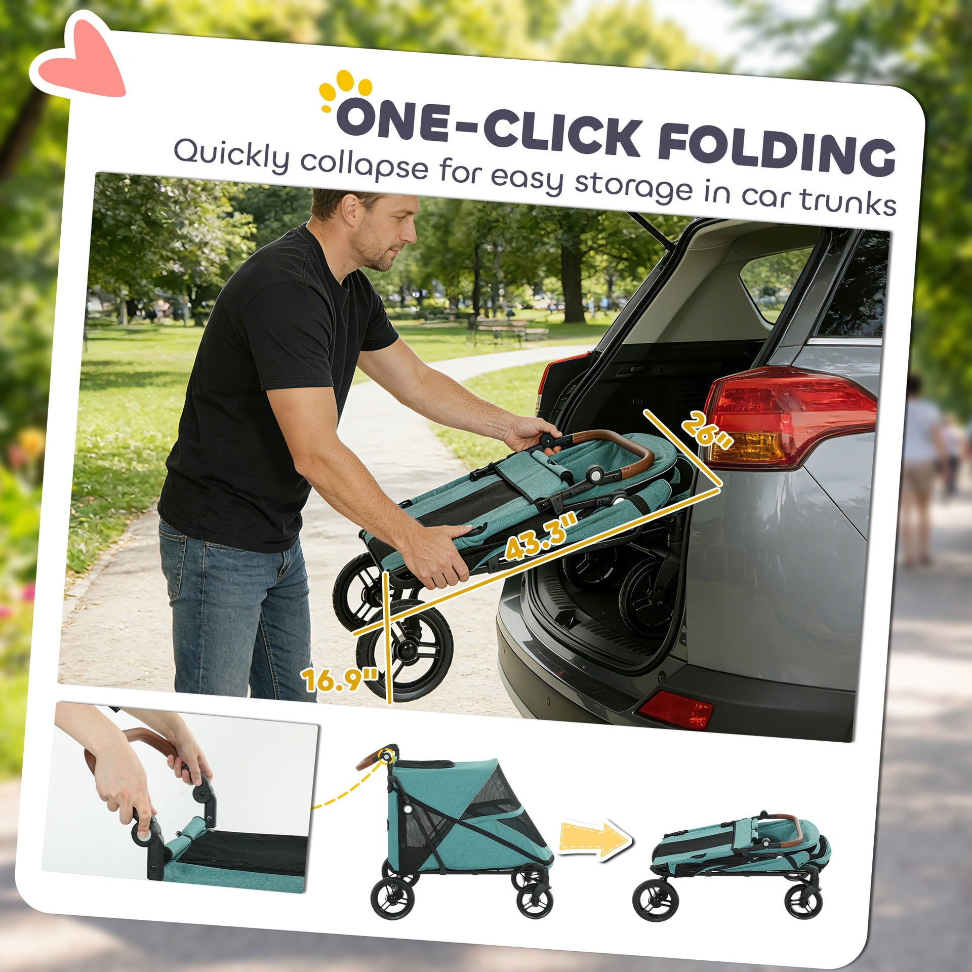 PawHut Dog Stroller for Large Dogs Up to 66 LBS with All-Terrain Spring Suspension, 8-Position Adjustable Handle, Teal