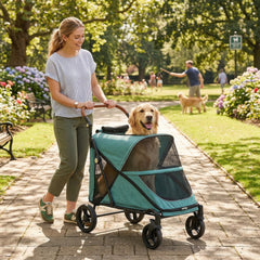 PawHut Dog Stroller for Large Dogs Up to 66 LBS with All-Terrain Spring Suspension, 8-Position Adjustable Handle, Teal