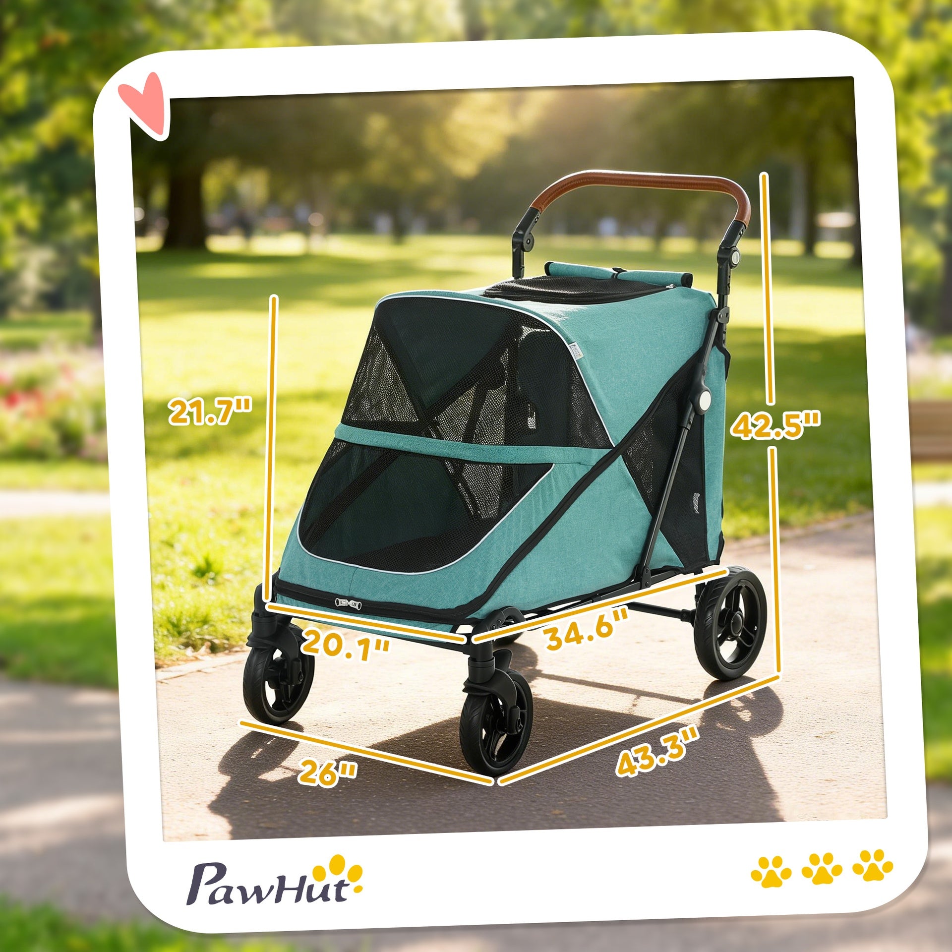 PawHut Dog Stroller for Large Dogs Up to 66 LBS with All-Terrain Spring Suspension, 8-Position Adjustable Handle, Teal