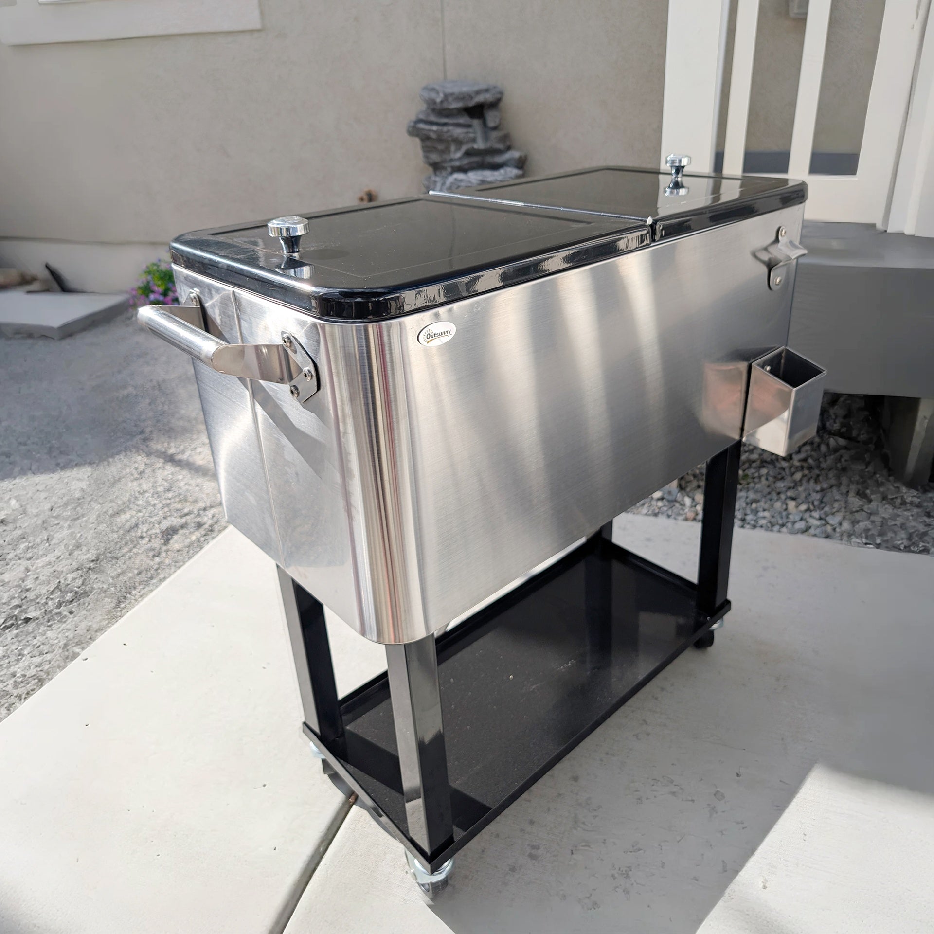 Outsunny 80 QT Rolling Cooling Bins Ice Chest on Wheels Outdoor Stand Up Drink Cooler Cart for Party, Silver