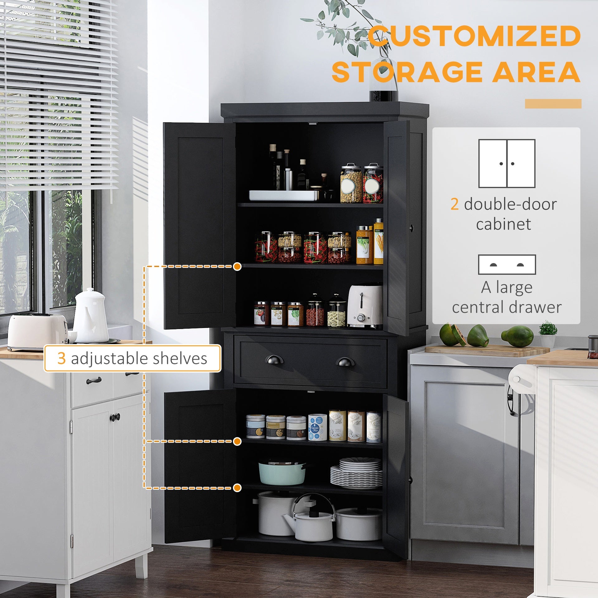 HOMCOM 72.5" Kitchen Cabinet, Pantry Storage Cabinet with Doors and Shelves, Freestanding Food Pantry Cabinet, Black