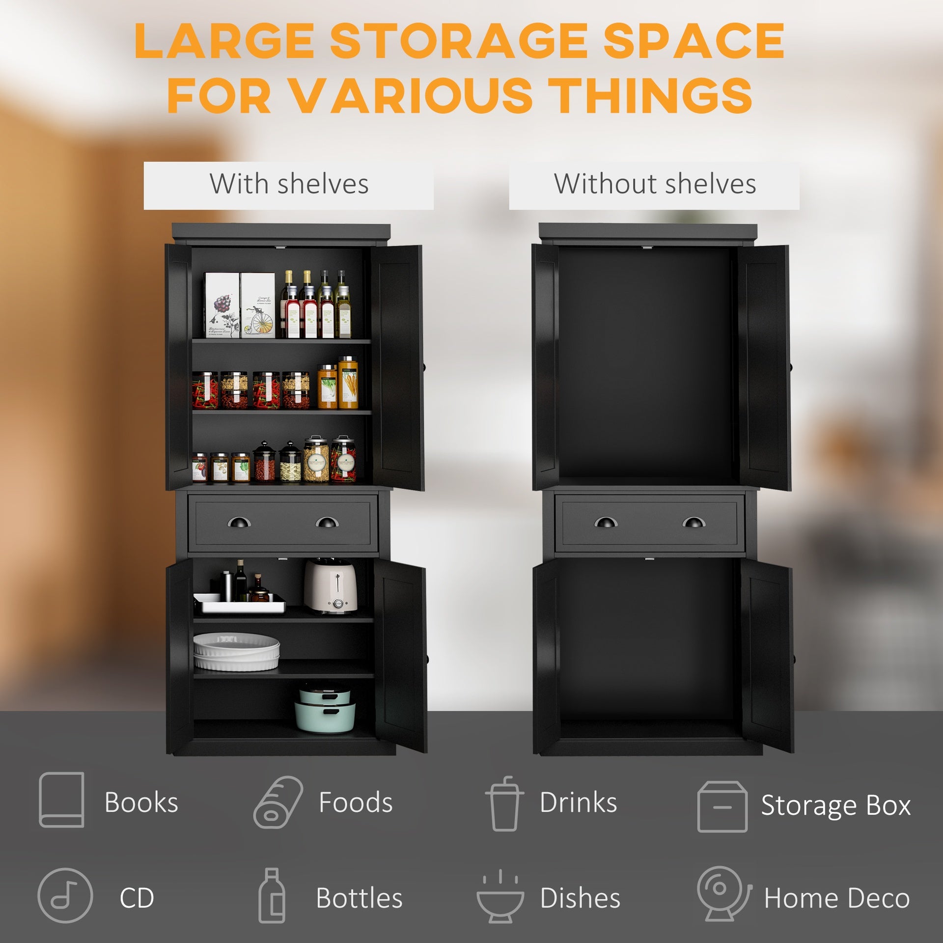 HOMCOM 72.5" Kitchen Cabinet, Pantry Storage Cabinet with Doors and Shelves, Freestanding Food Pantry Cabinet, Black