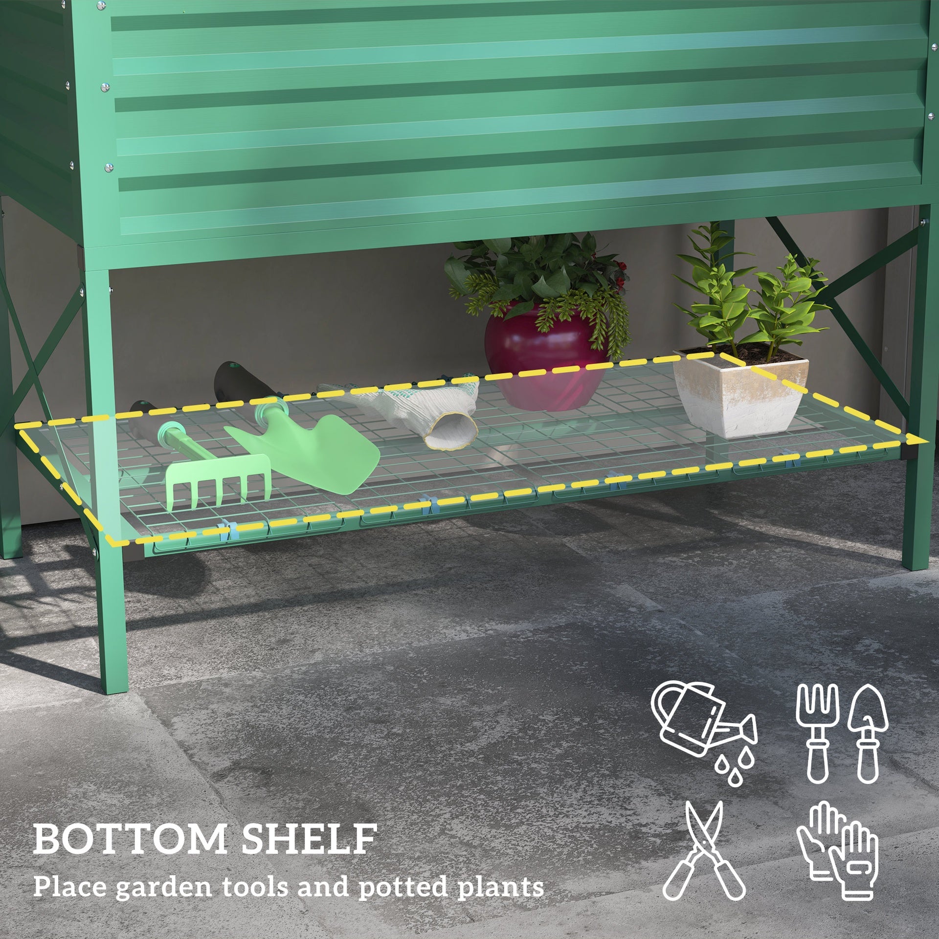 Outsunny Galvanized Raised Garden Bed, Metal Planter Box with Legs, Storage Shelf and Bed Liner, Green