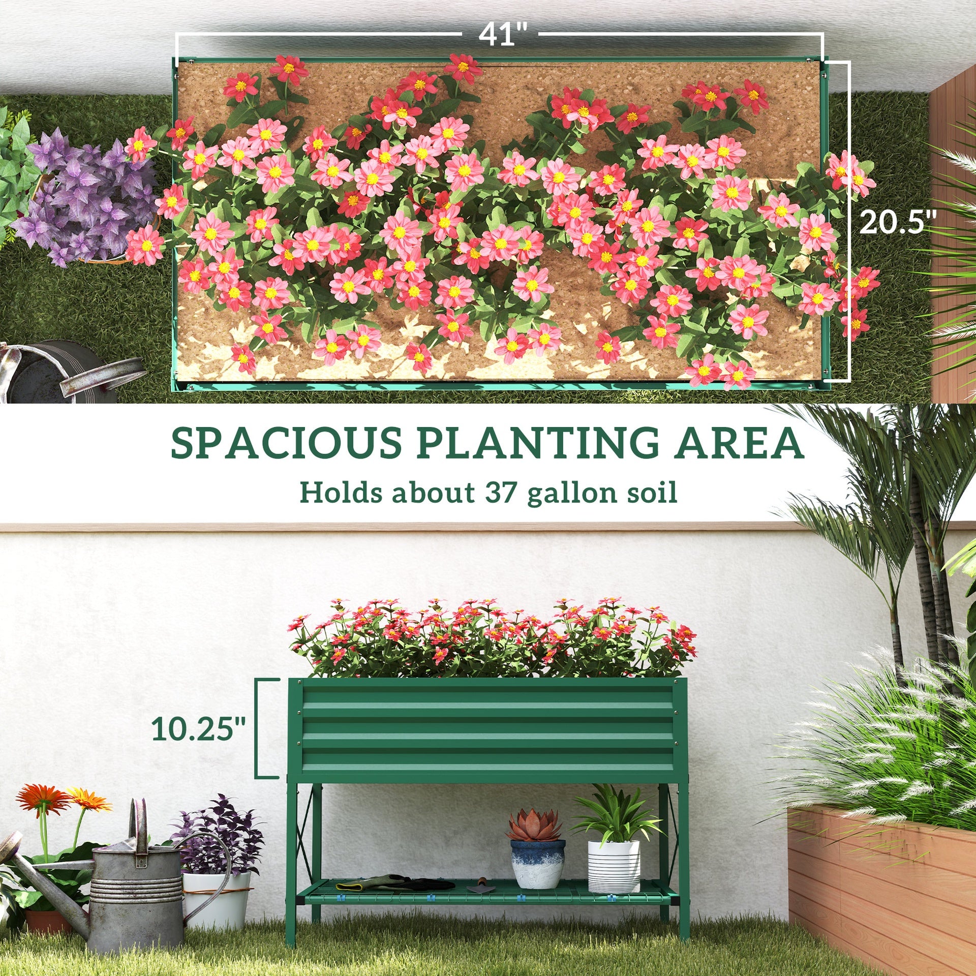 Outsunny Galvanized Raised Garden Bed, Metal Planter Box with Legs, Storage Shelf and Bed Liner, Green