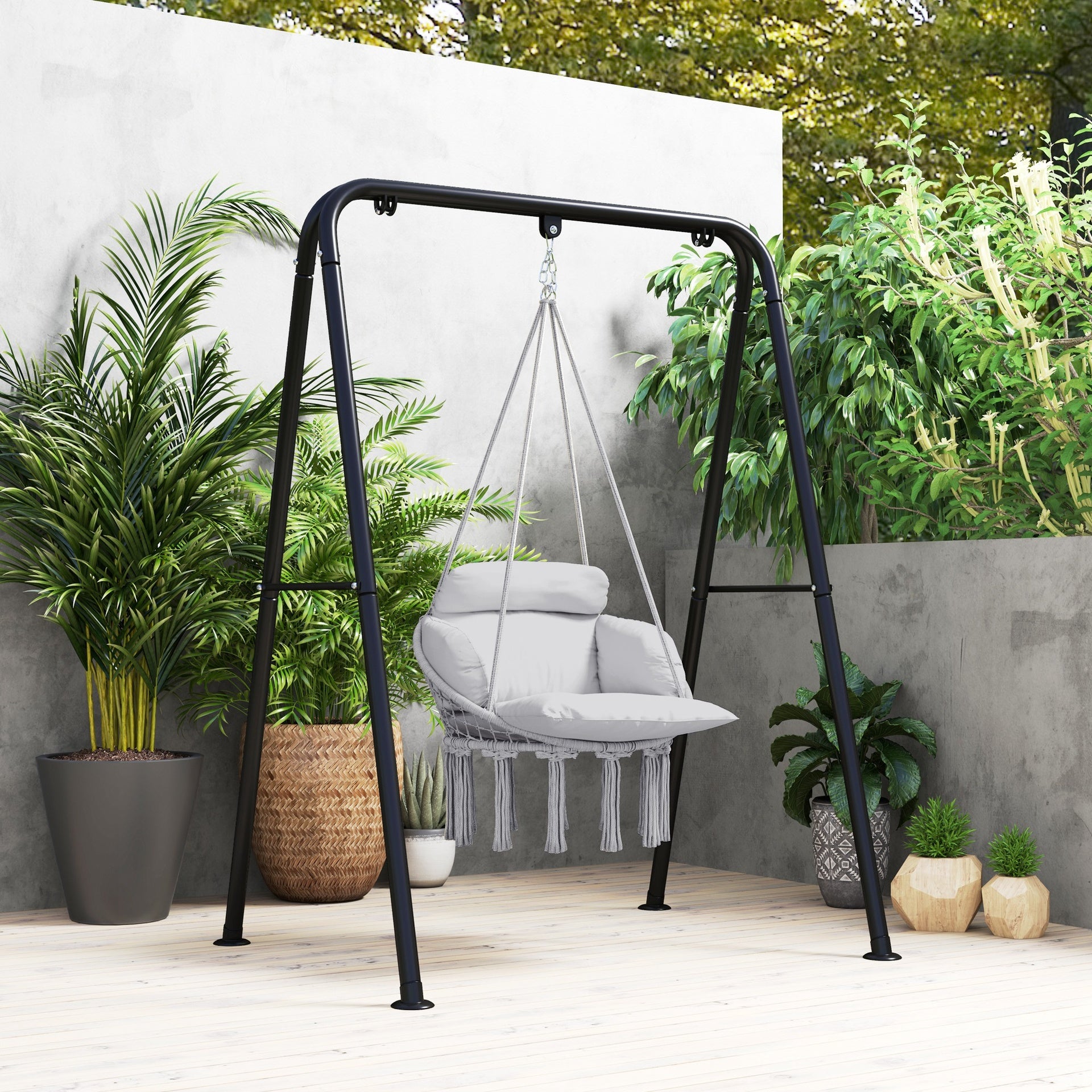 Outsunny Hammock Swing Chair, Macrame Hanging Chair with Large Cushion, Chain, Steel Frame for Indoor Outdoor Use, Gray