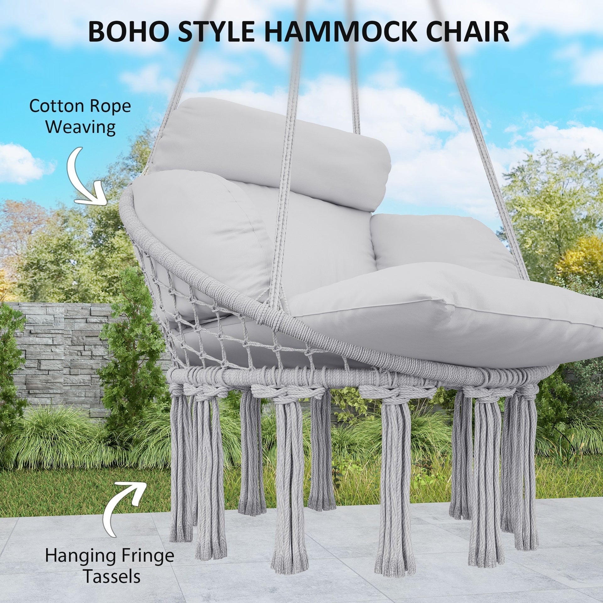 Outsunny Hammock Swing Chair, Macrame Hanging Chair with Large Cushion, Chain, Steel Frame for Indoor Outdoor Use, Gray