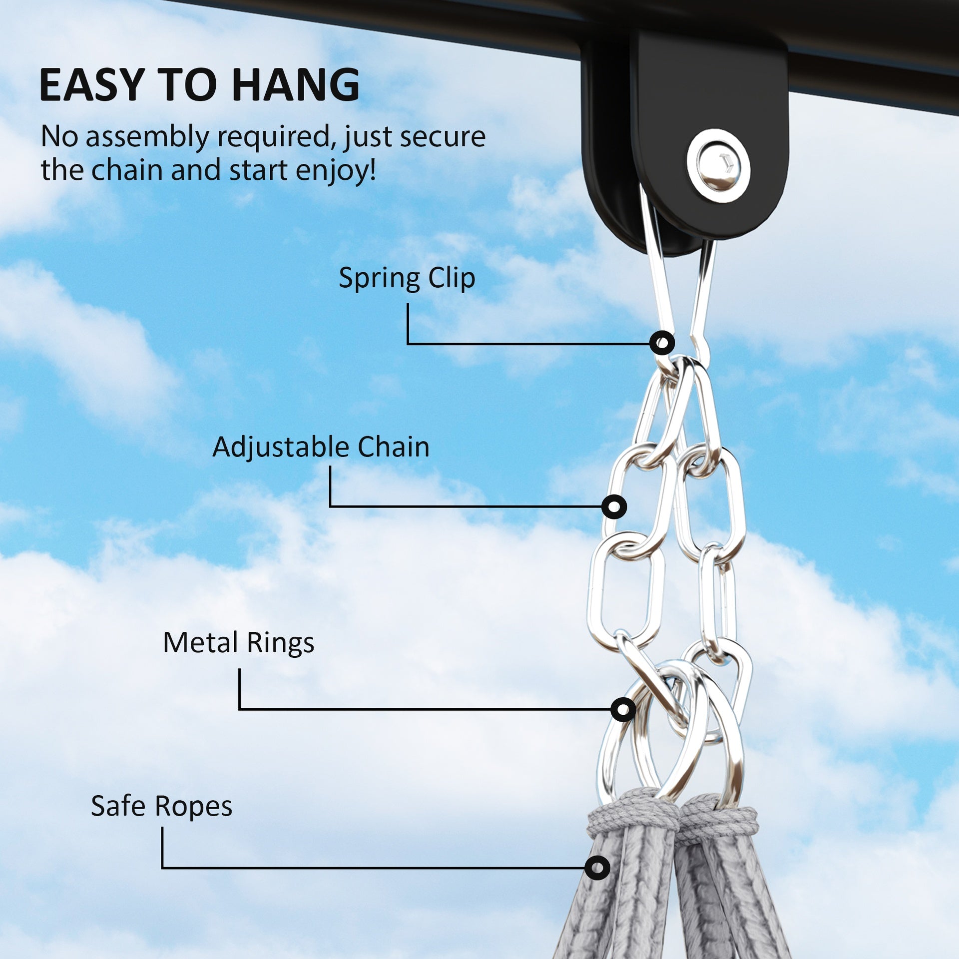 Outsunny Hammock Swing Chair, Macrame Hanging Chair with Large Cushion, Chain, Steel Frame for Indoor Outdoor Use, Gray