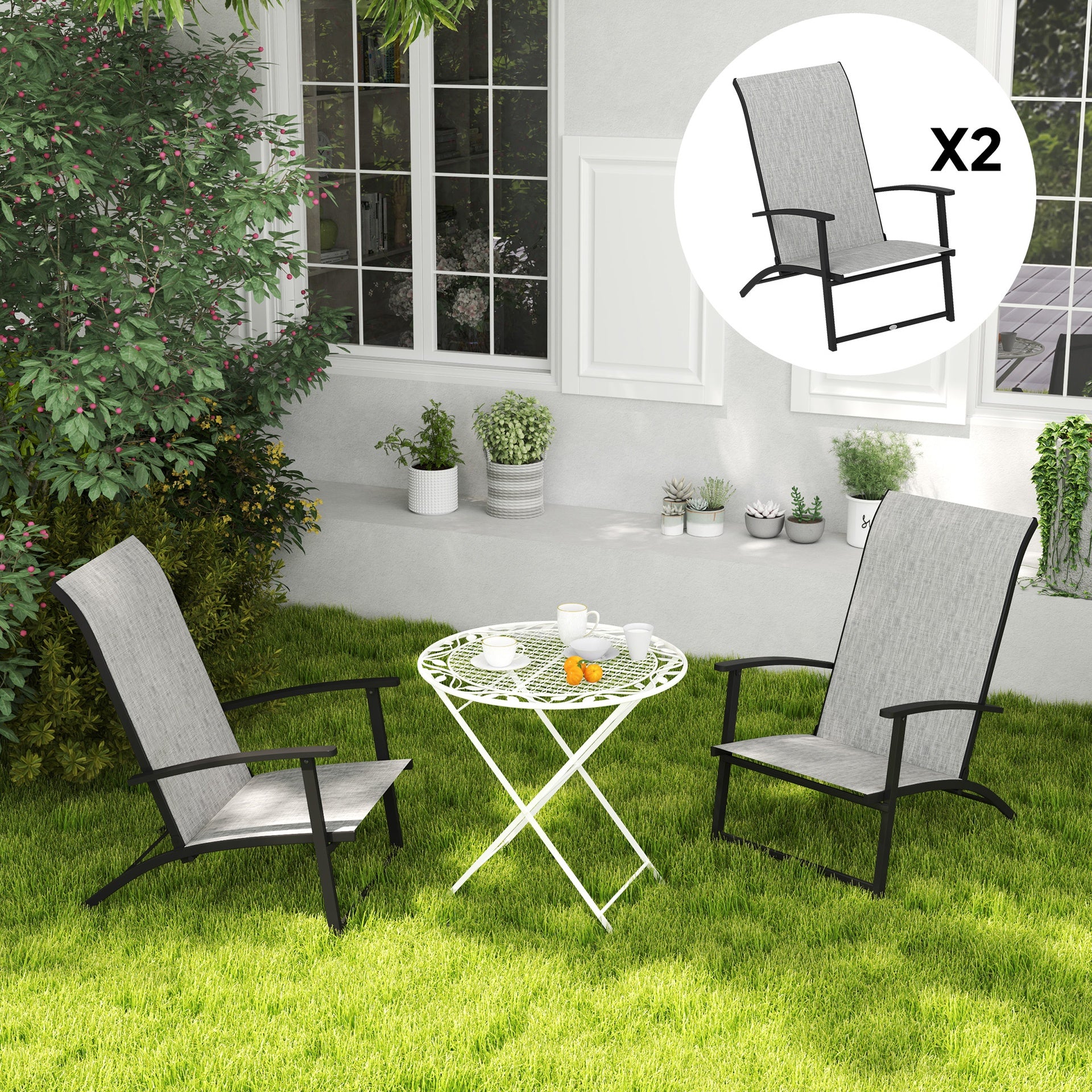 Outsunny Set of 2 Outdoor Dining Chairs with High Back, Armrests, Folding Patio Chairs for Patio, Lawn, Camping, Gray