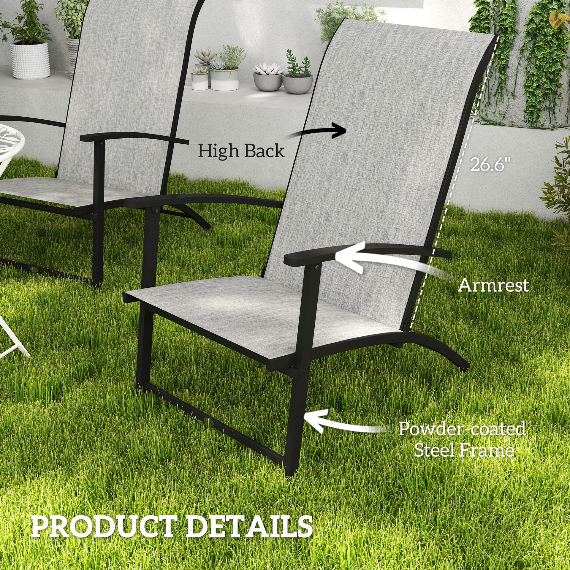 Outsunny Set of 2 Outdoor Dining Chairs with High Back, Armrests, Folding Patio Chairs for Patio, Lawn, Camping, Gray