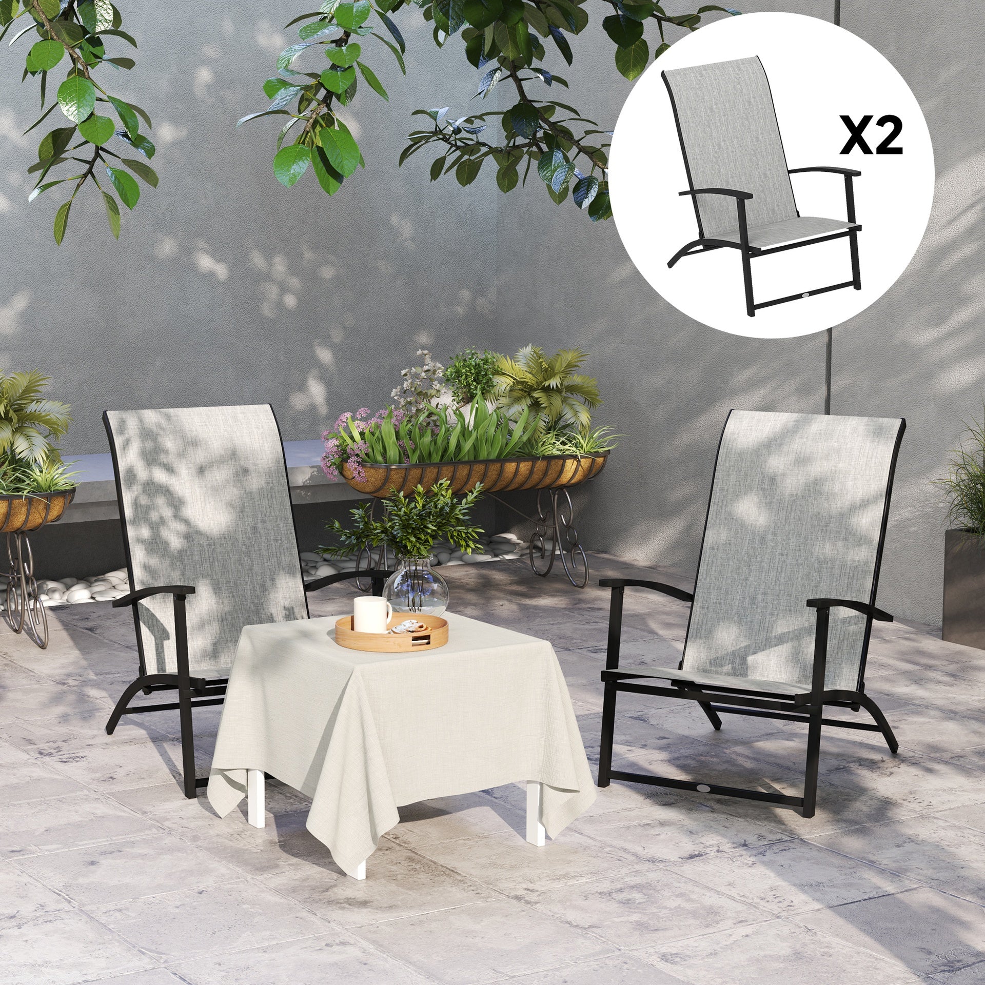 Outsunny Set of 2 Outdoor Dining Chairs with High Back, Armrests, Folding Patio Chairs for Patio, Lawn, Camping, Gray