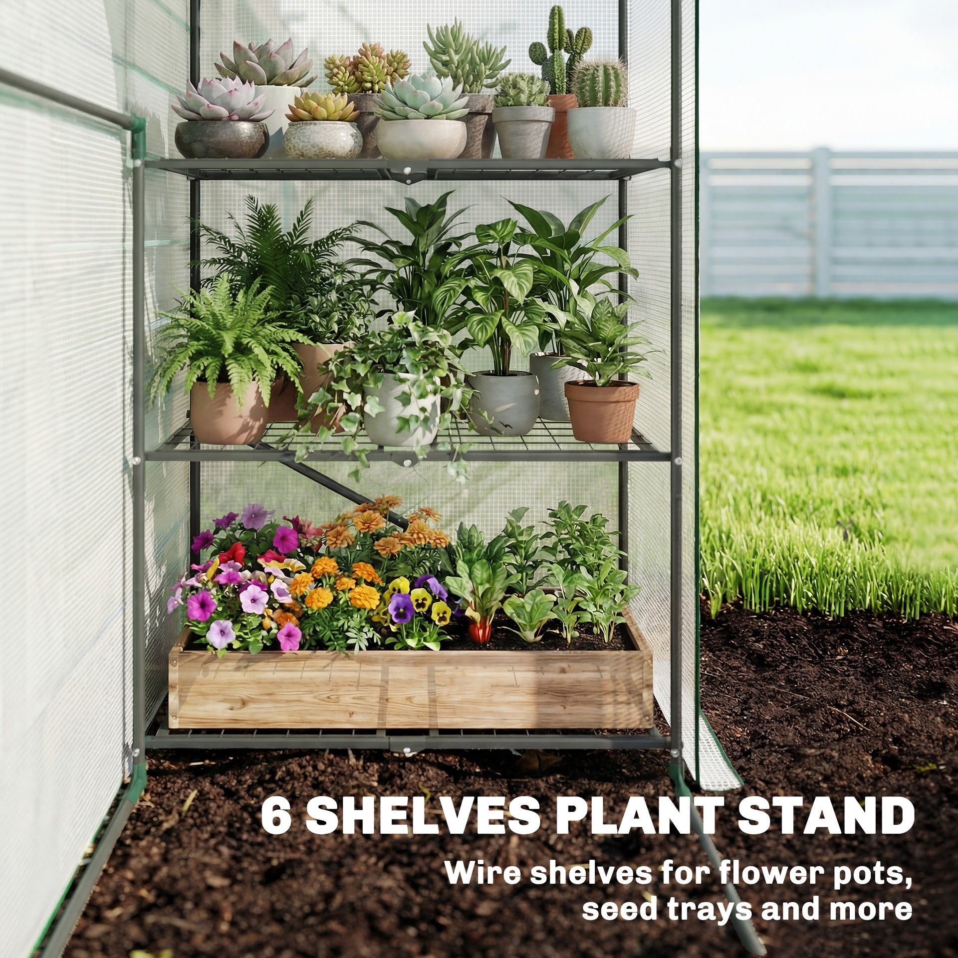 Outsunny Greenhouse for Outdoors, Portable Greenhouse with 6 Shelves, UV-Resistant PE Cover, Roll-Up Door, White