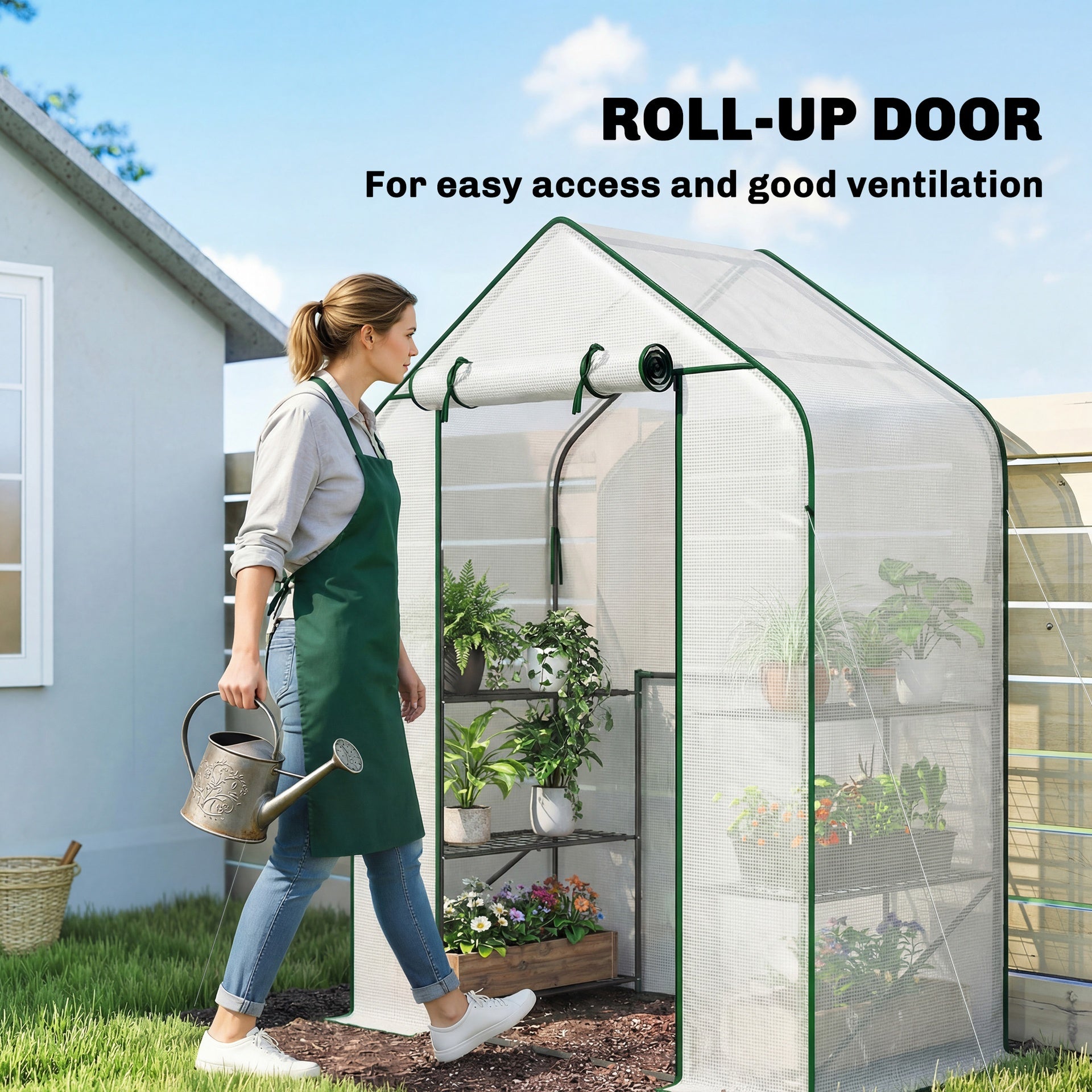 Outsunny Greenhouse for Outdoors, Portable Greenhouse with 6 Shelves, UV-Resistant PE Cover, Roll-Up Door, White