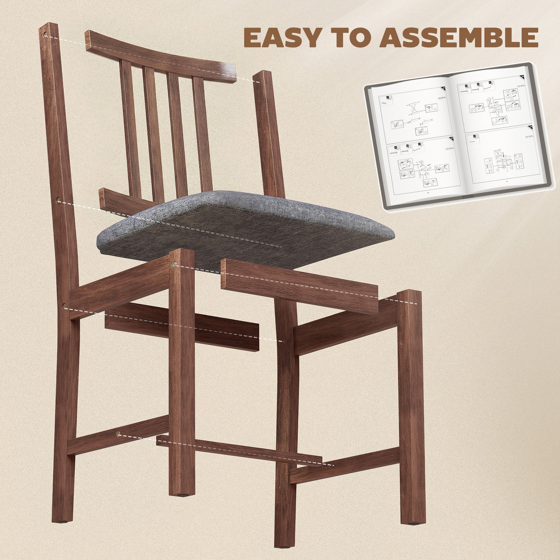 HOMCOM Set of 4 Dining Chairs, Upholstered Dining Room Chairs with Rubberwood Legs for Kitchen, Farmhouse Walnut