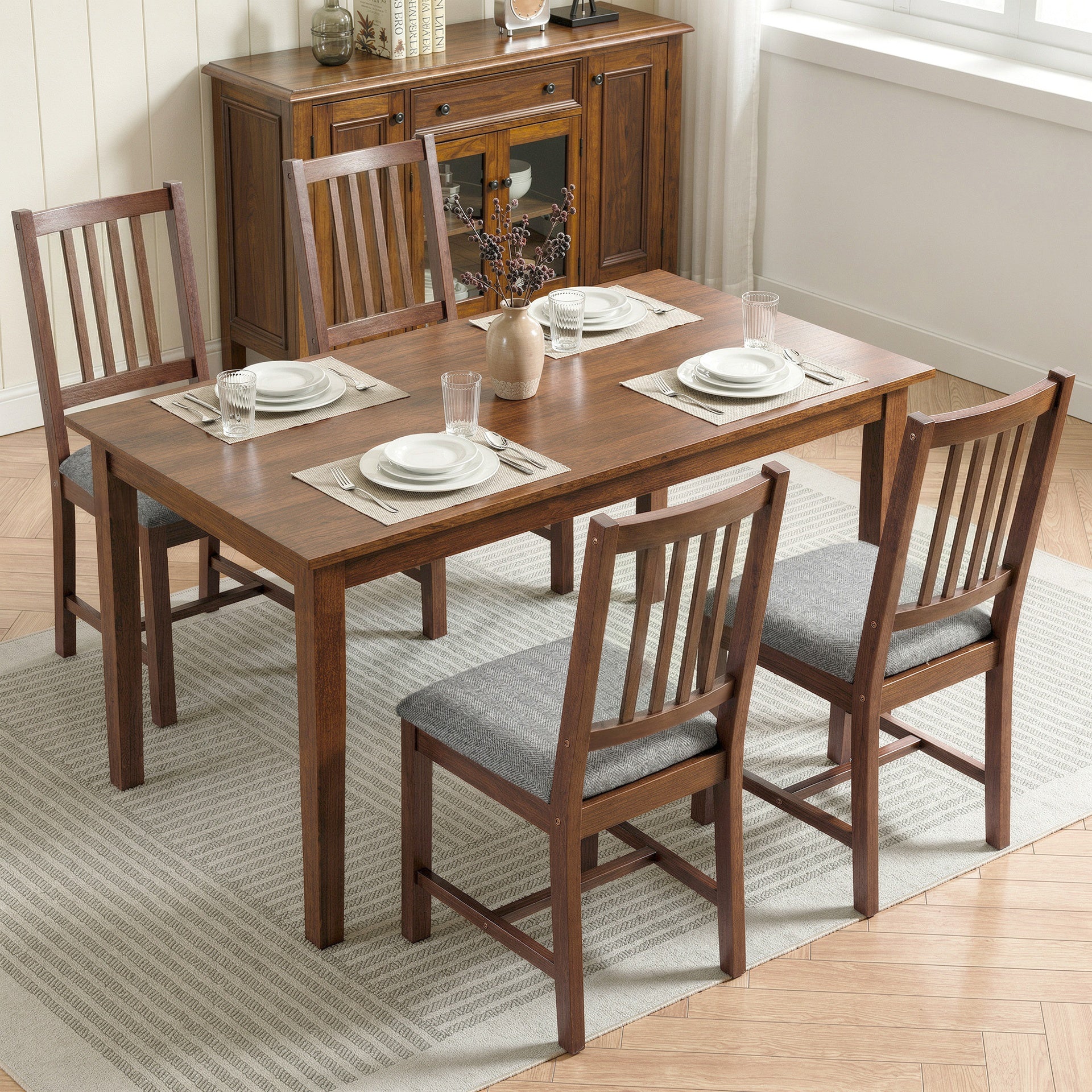 HOMCOM Set of 4 Dining Chairs, Upholstered Dining Room Chairs with Rubberwood Legs for Kitchen, Farmhouse Walnut