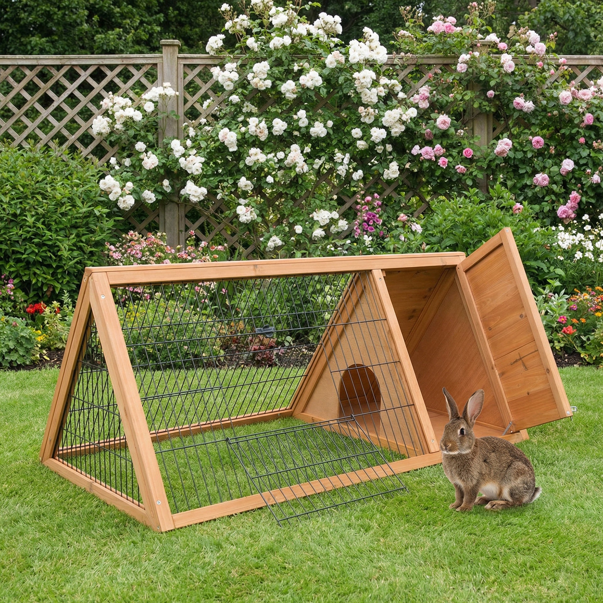 PawHut Rabbit Hutch Outdoor, Wooden Chicken Coop with Run, Outdoor Small Animal Cage for Rabbit, Small Duck and Chicken, Brown