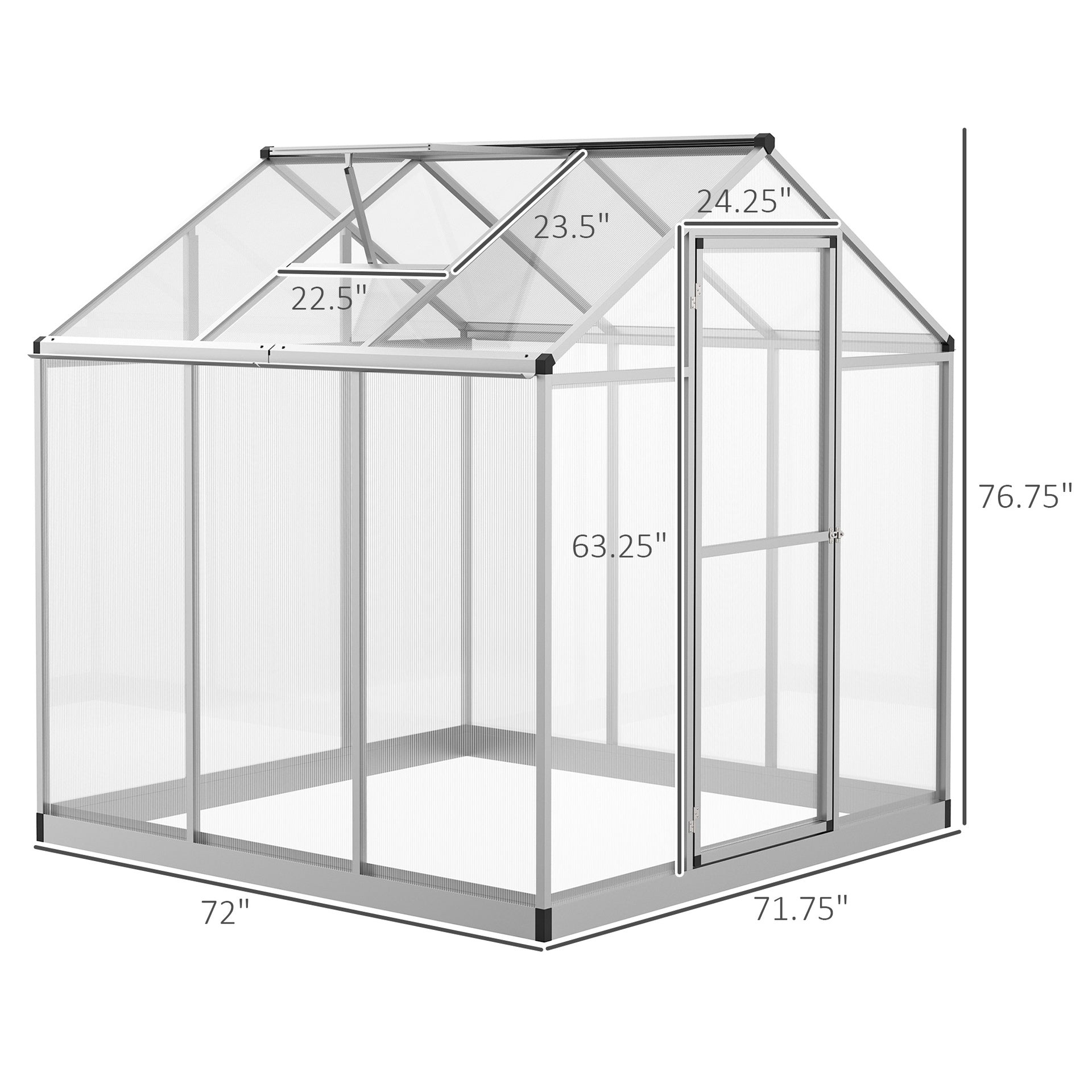 Outsunny 6' L x 6' W Walk-In Polycarbonate Greenhouse with Roof Vent for Ventilation & Rain Gutter for Winter