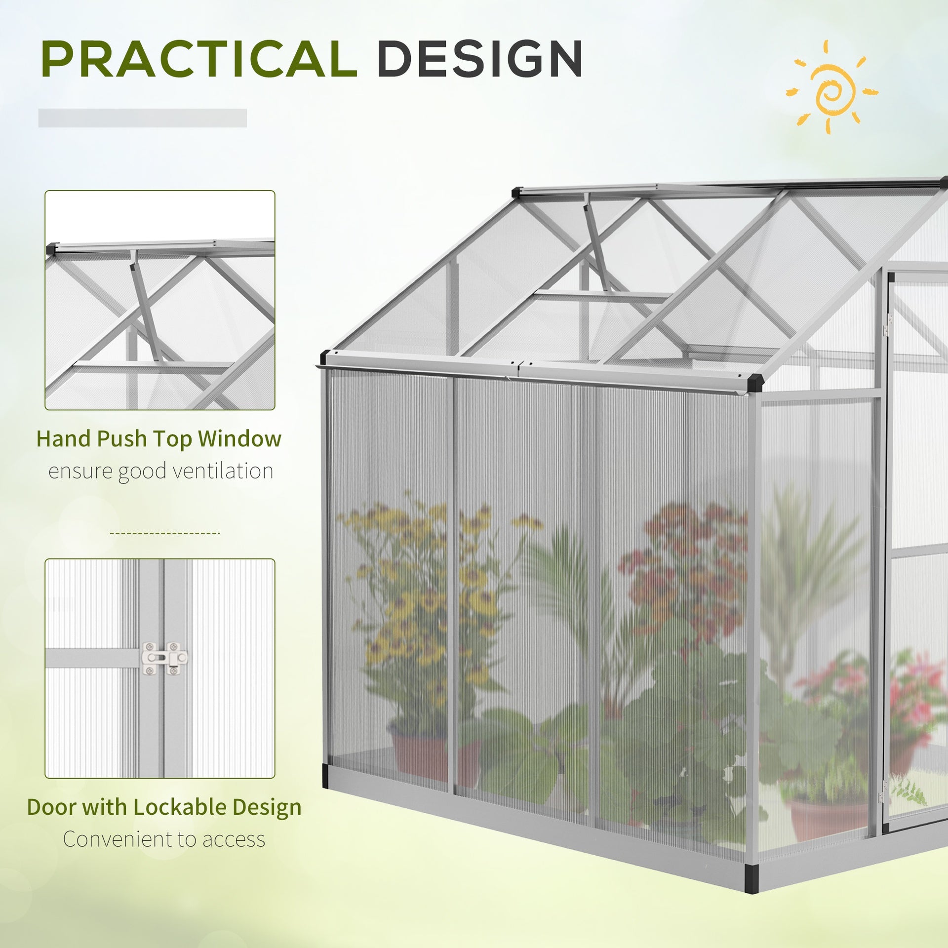 Outsunny 6' L x 6' W Walk-In Polycarbonate Greenhouse with Roof Vent for Ventilation & Rain Gutter for Winter