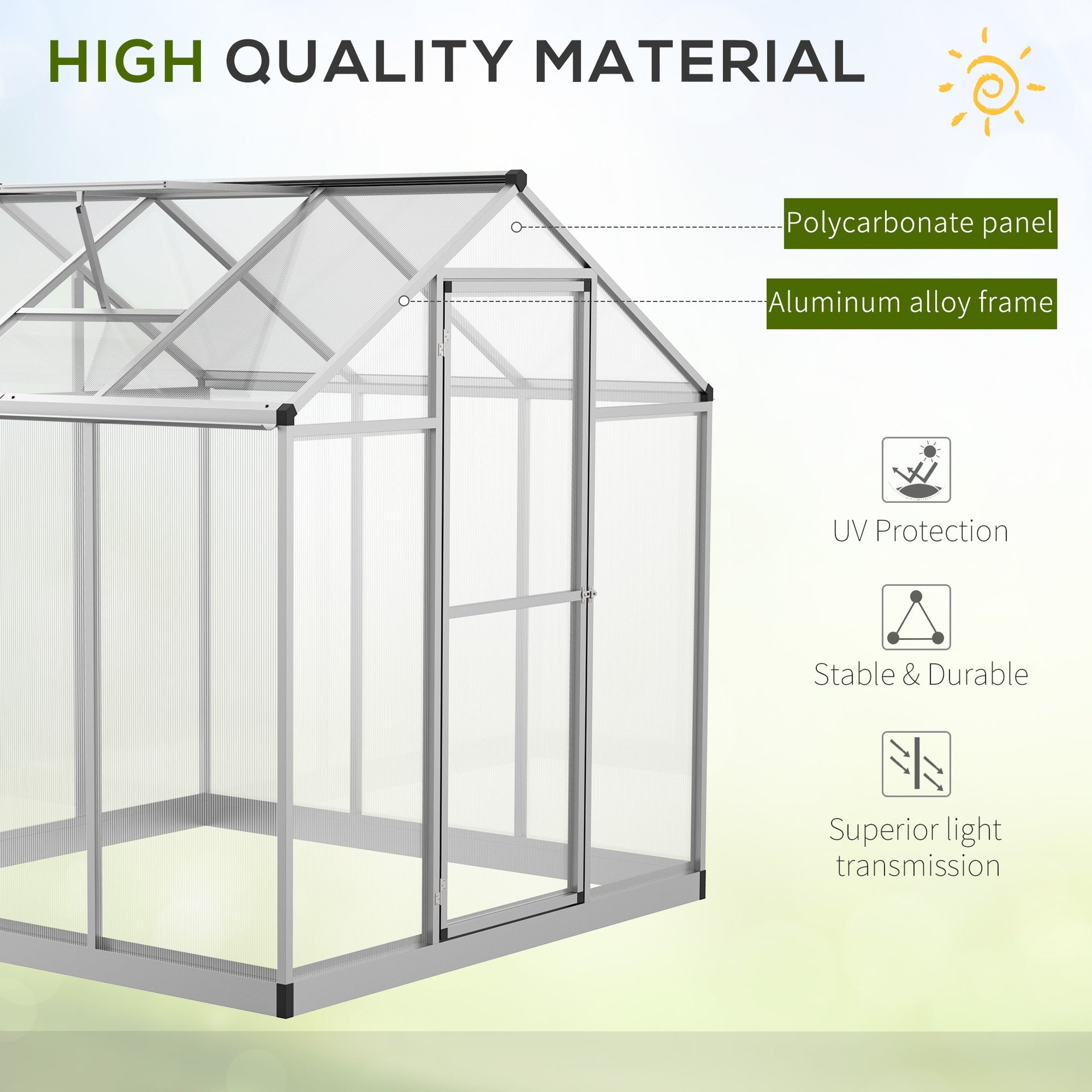 Outsunny 6' L x 6' W Walk-In Polycarbonate Greenhouse with Roof Vent for Ventilation & Rain Gutter for Winter
