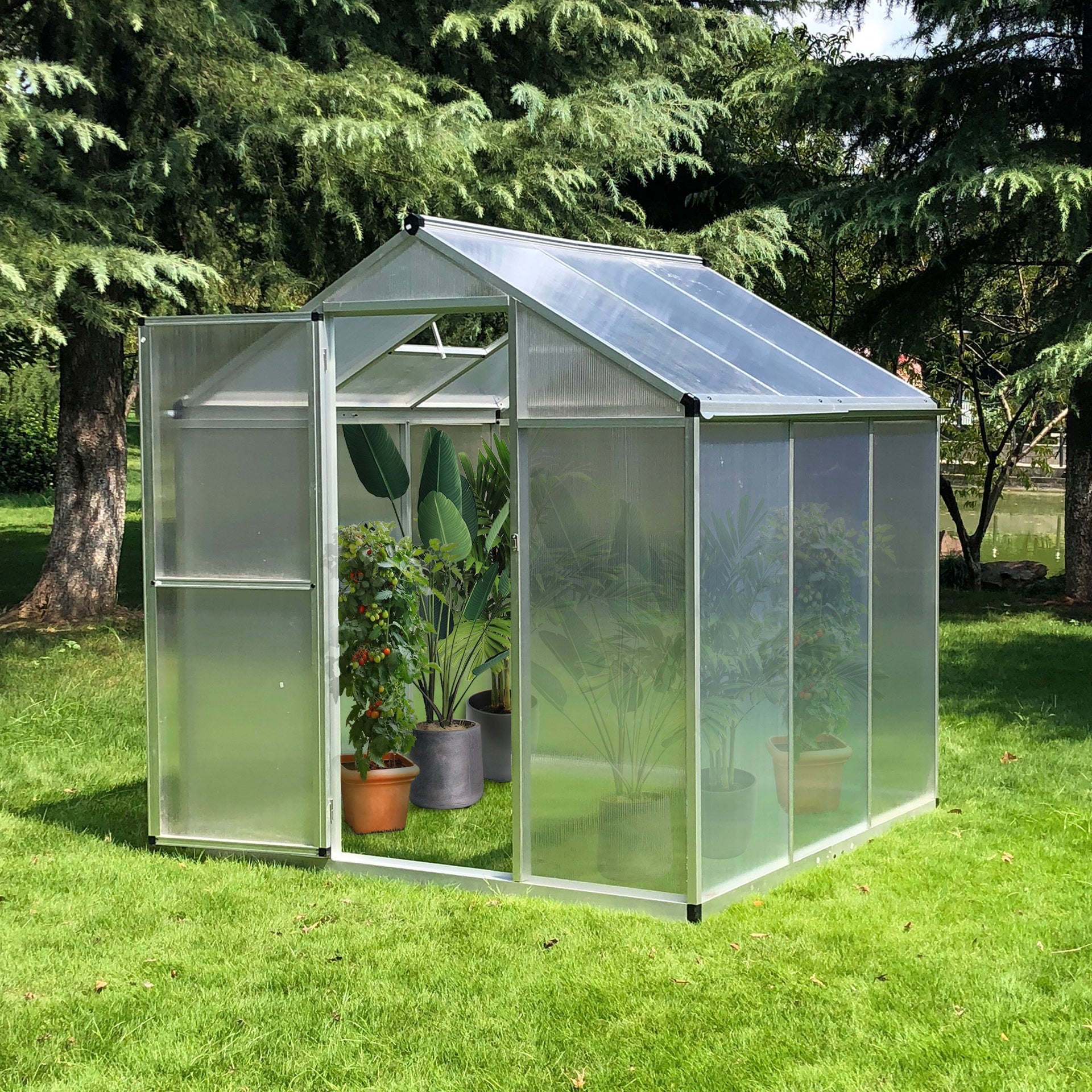 Outsunny 6' L x 6' W Walk-In Polycarbonate Greenhouse with Roof Vent for Ventilation & Rain Gutter for Winter
