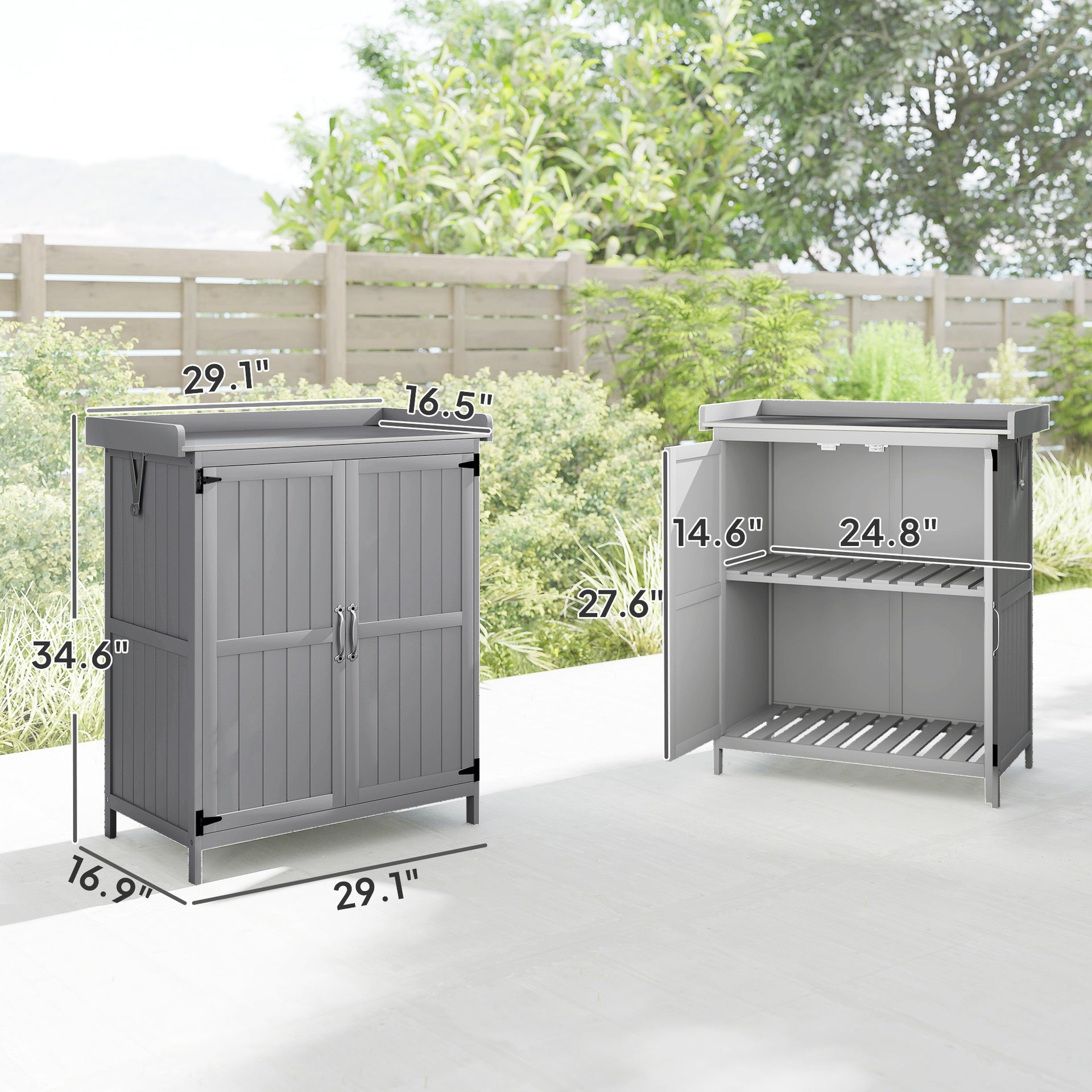 Outsunny Outdoor Storage Cabinet, Garden Tool Shed with Metal Tabletop and Shelf, Wooden Potting Bench with 2 Doors, Gray