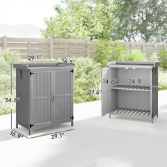 Outsunny Outdoor Storage Cabinet, Garden Tool Shed with Metal Tabletop and Shelf, Wooden Potting Bench with 2 Doors, Gray
