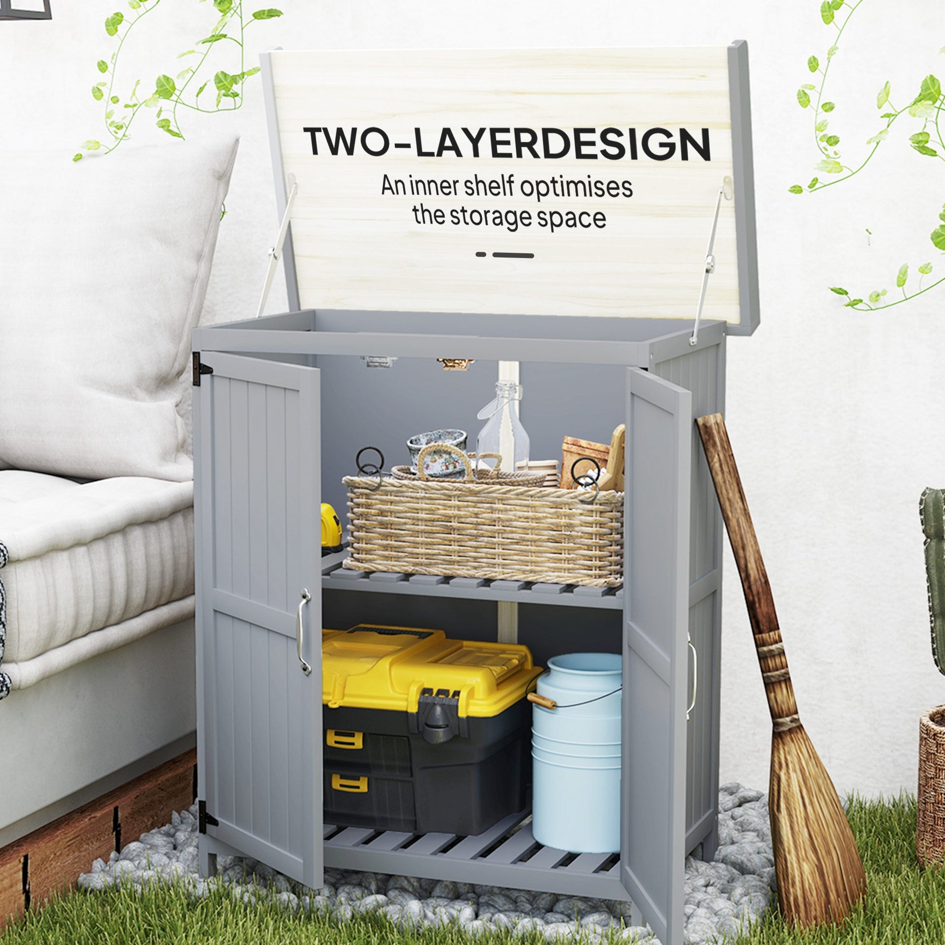 Outsunny Outdoor Storage Cabinet, Garden Tool Shed with Metal Tabletop and Shelf, Wooden Potting Bench with 2 Doors, Gray