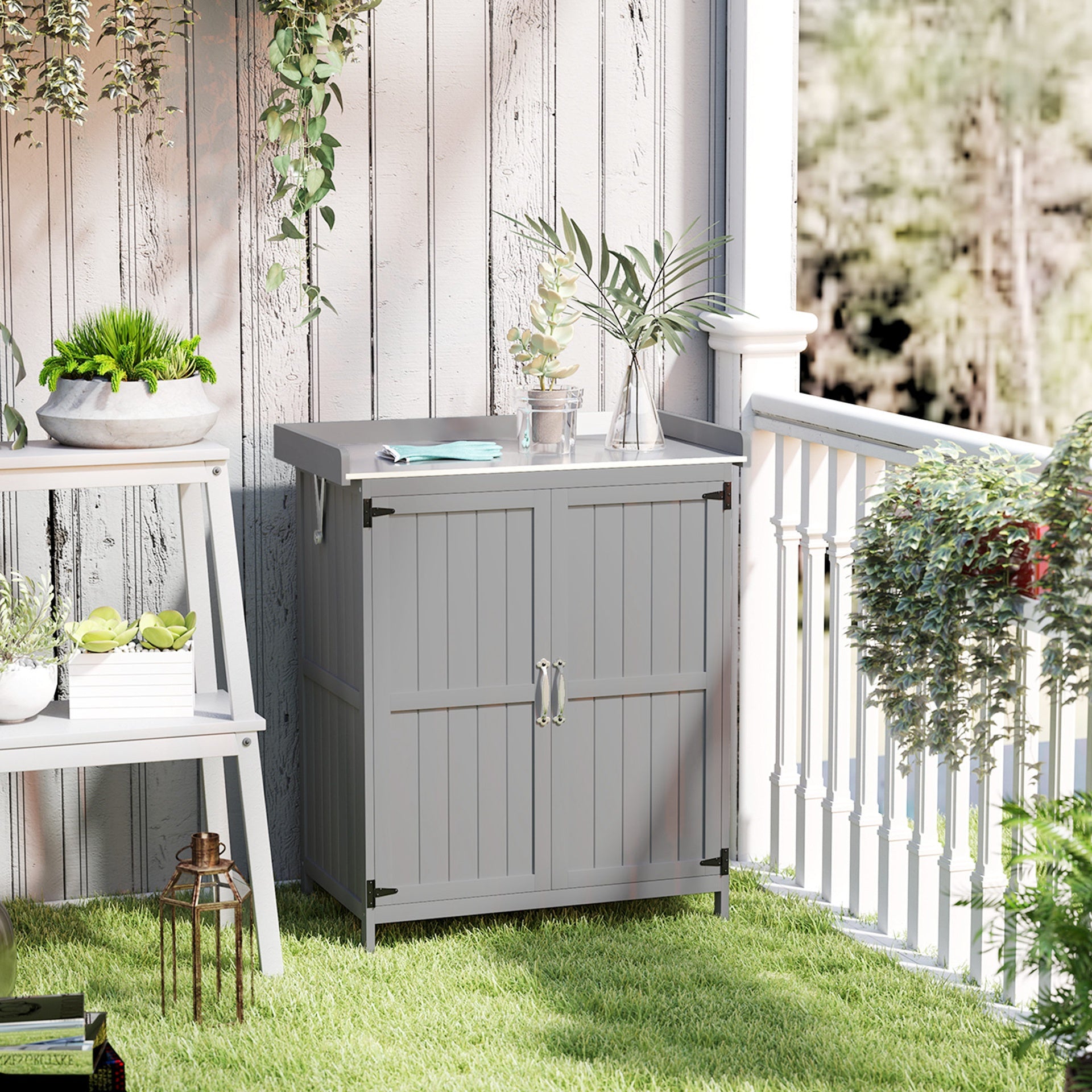 Outsunny Outdoor Storage Cabinet, Garden Tool Shed with Metal Tabletop and Shelf, Wooden Potting Bench with 2 Doors, Gray