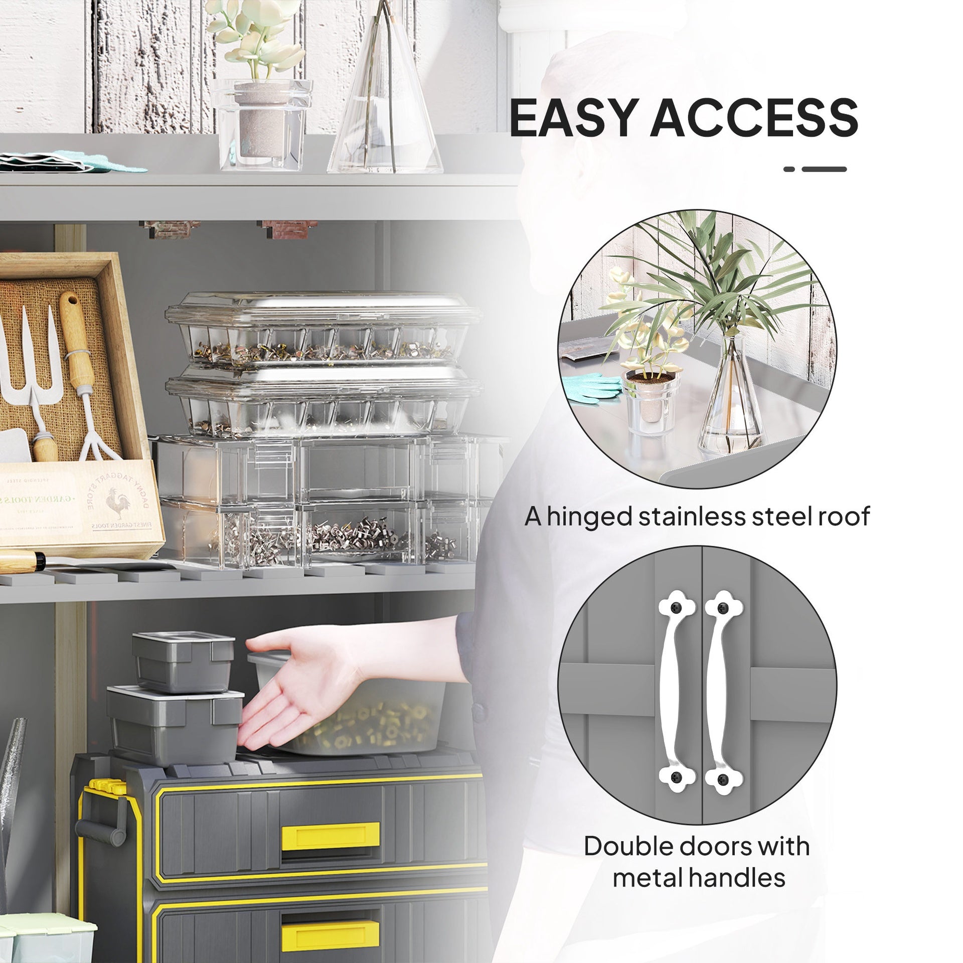 Outsunny Outdoor Storage Cabinet, Garden Tool Shed with Metal Tabletop and Shelf, Wooden Potting Bench with 2 Doors, Gray