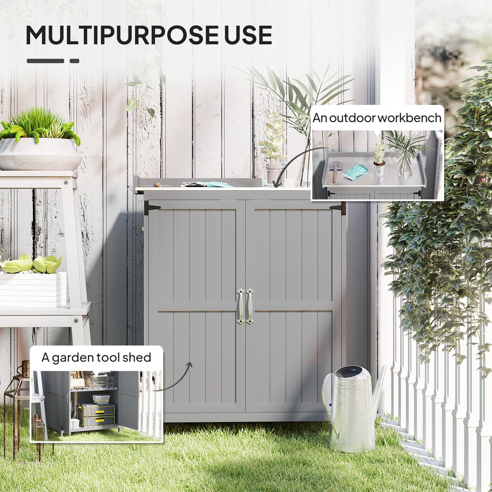Outsunny Outdoor Storage Cabinet, Garden Tool Shed with Metal Tabletop and Shelf, Wooden Potting Bench with 2 Doors, Gray