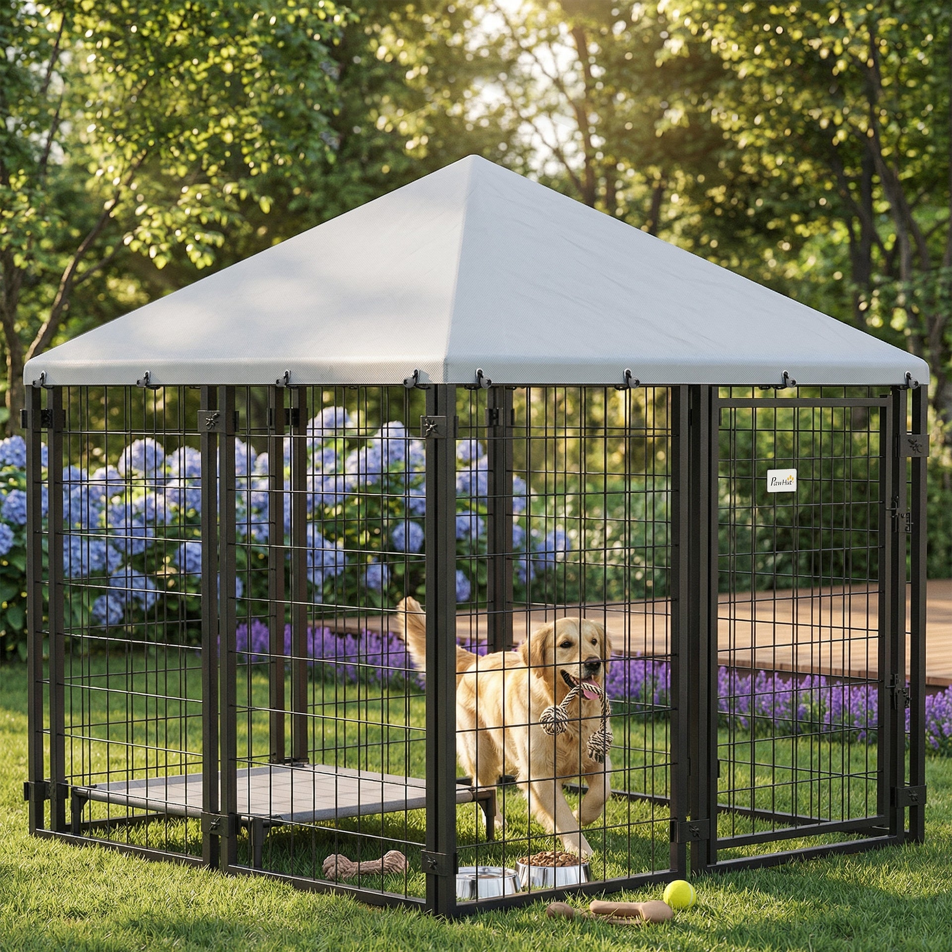 PawHut Lockable Dog House Kennel with Water-resistant Roof for Small and Medium Sized Pets, 4.7' x 4.7' x 5.1', Silver